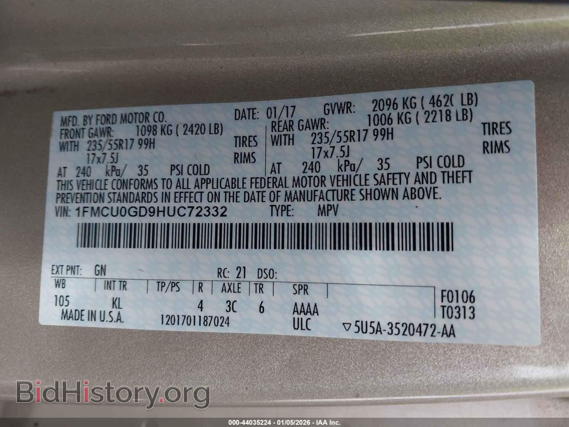 2017 FORD ESCAPE - VIN: 1FMCU0GD9HUC72332 - Фото 9