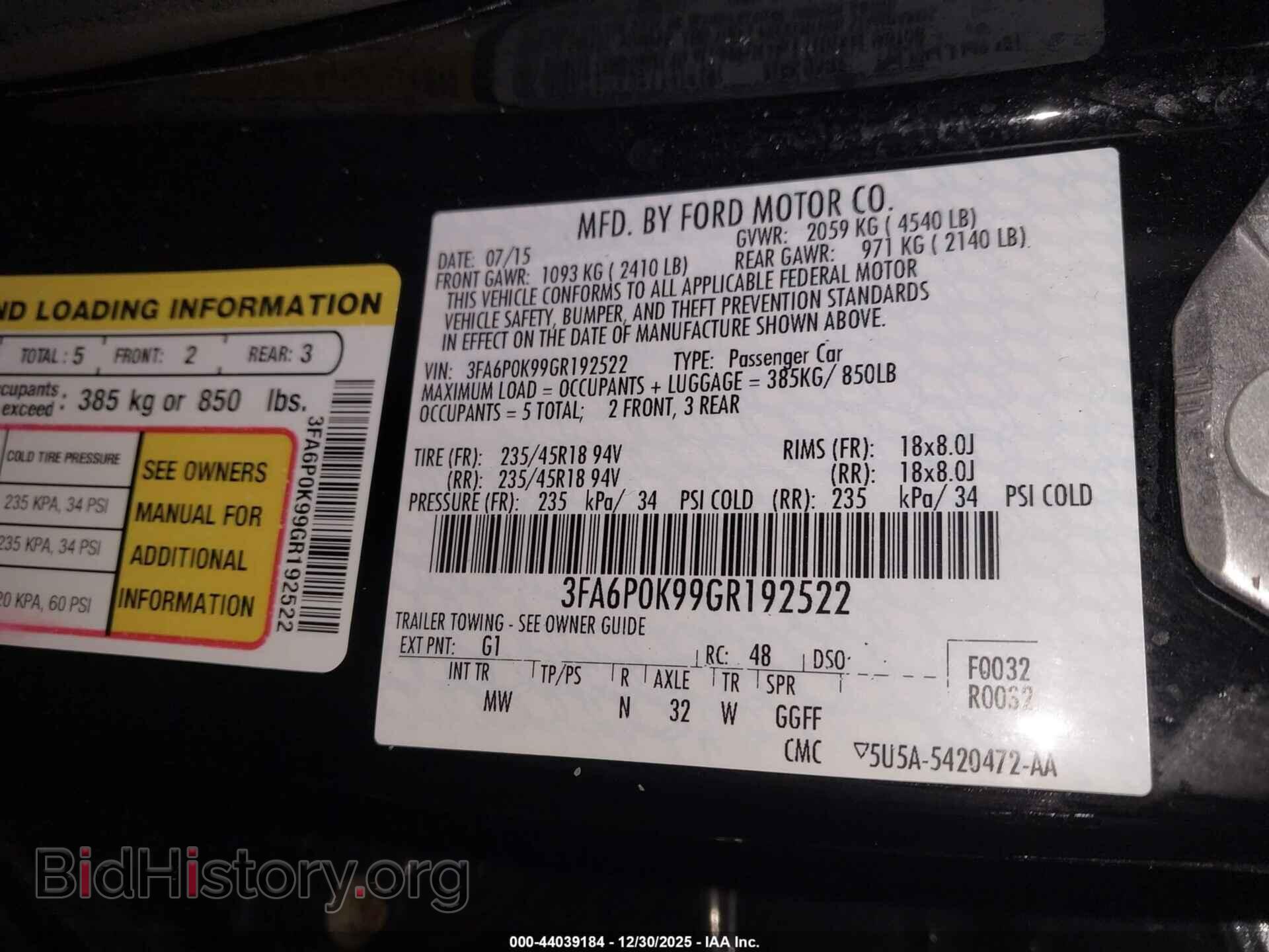 2016 FORD FUSION - VIN: 3FA6P0K99GR192522 - Фото 9