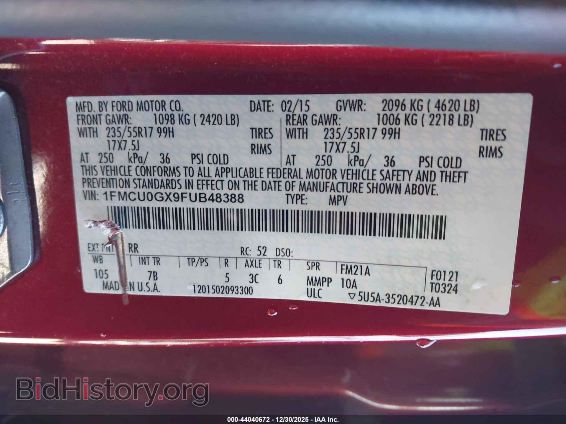 2015 FORD ESCAPE - VIN: 1FMCU0GX9FUB48388 - Фото 9