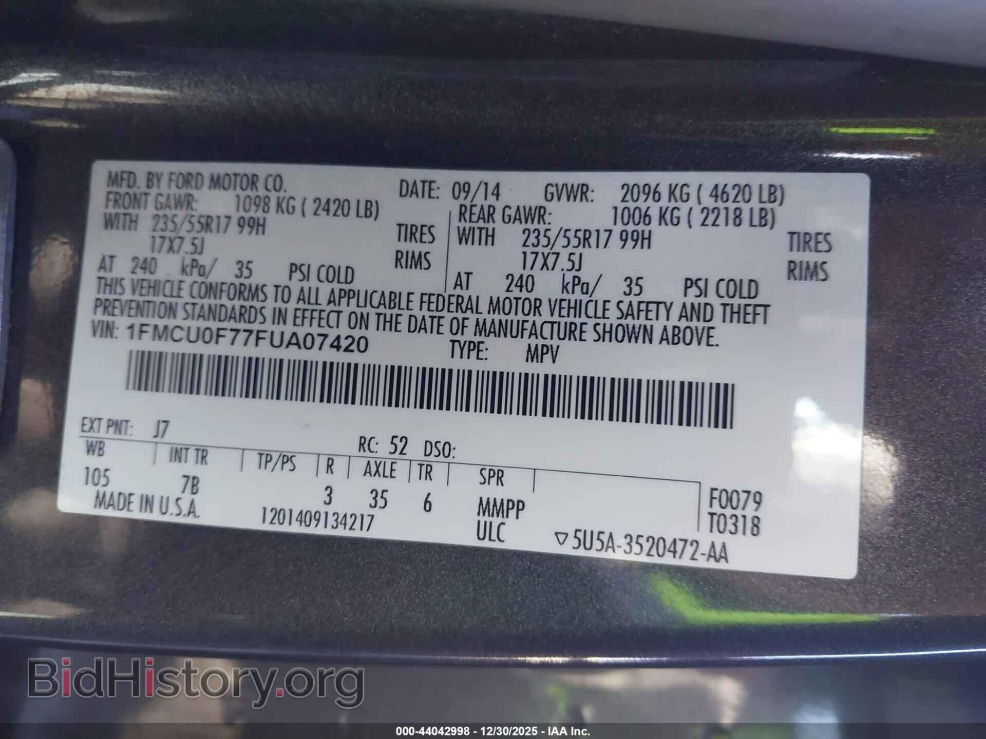 2015 FORD ESCAPE - VIN: 1FMCU0F77FUA07420 - Фото 9