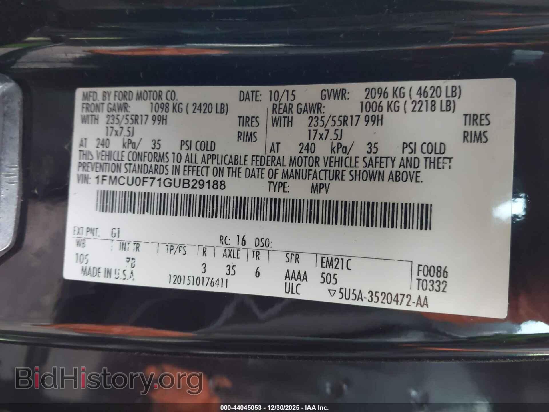2016 FORD ESCAPE - VIN: 1FMCU0F71GUB29188 - Фото 9