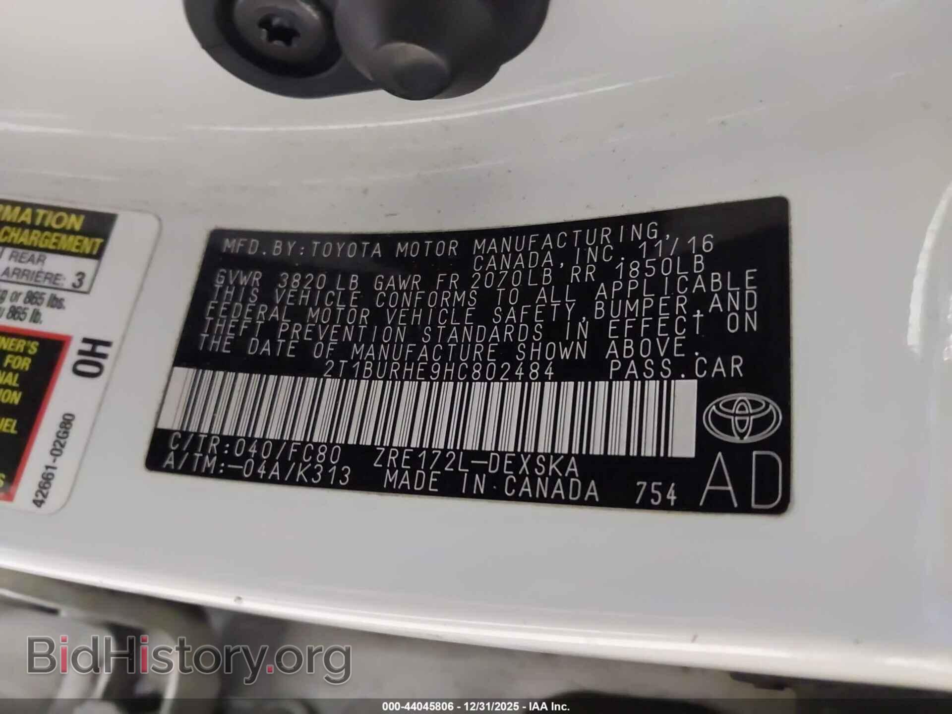 2017 TOYOTA COROLLA - VIN: 2T1BURHE9HC802484 - Фото 9