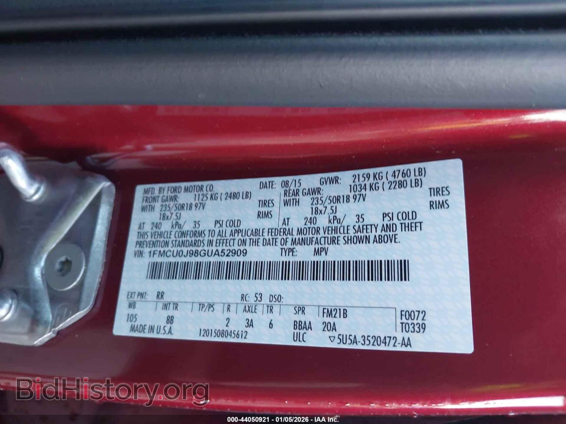 2016 FORD ESCAPE - VIN: 1FMCU0J98GUA52909 - Фото 9