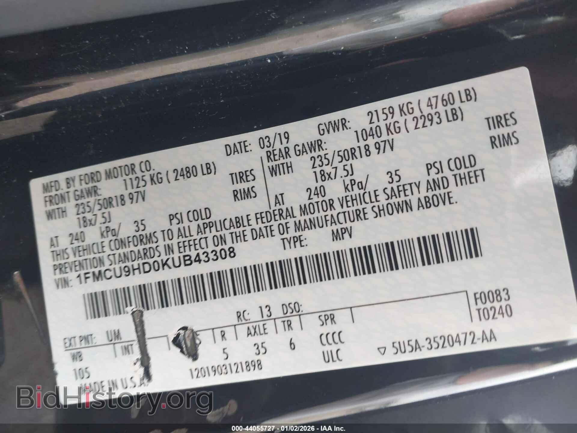 2019 FORD ESCAPE - VIN: 1FMCU9HD0KUB43308 - Фото 9