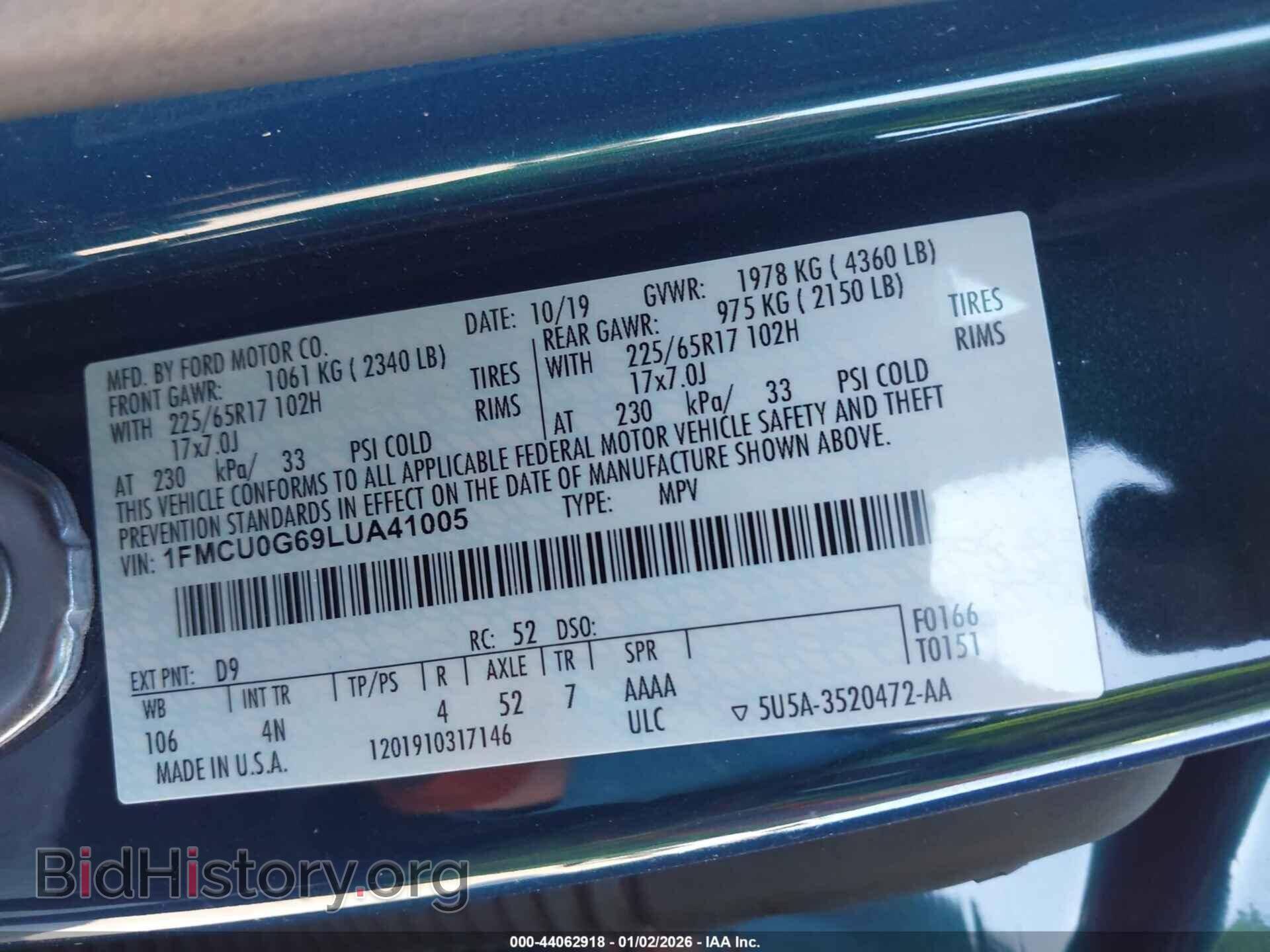 2020 FORD ESCAPE - VIN: 1FMCU0G69LUA41005 - Фото 9