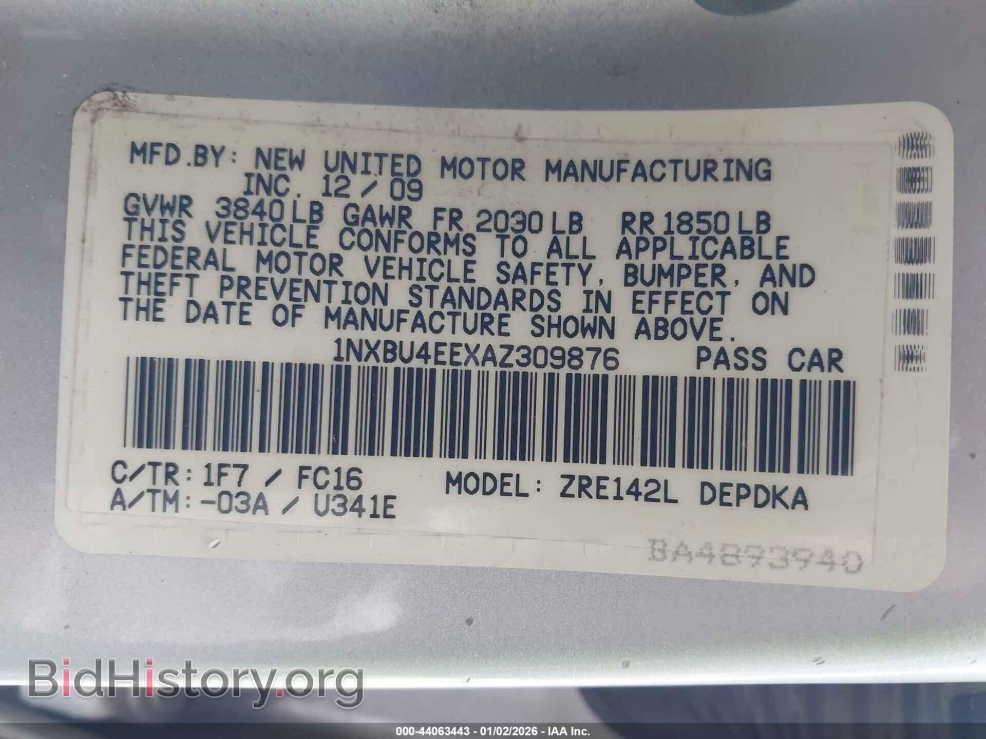 2010 TOYOTA COROLLA - VIN: 1NXBU4EEXAZ309876 - Фото 9