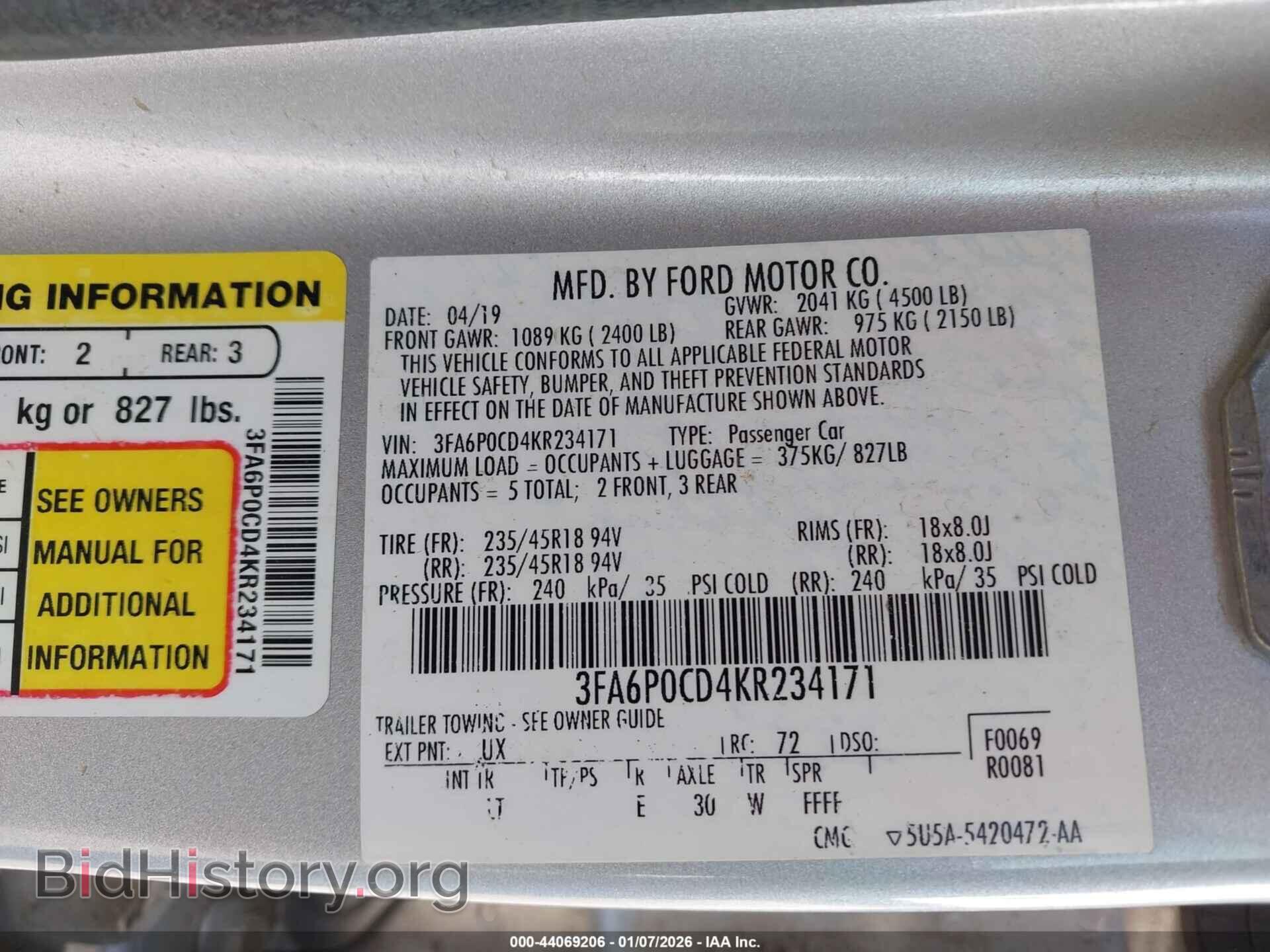 2019 FORD FUSION - VIN: 3FA6P0CD4KR234171 - Фото 9