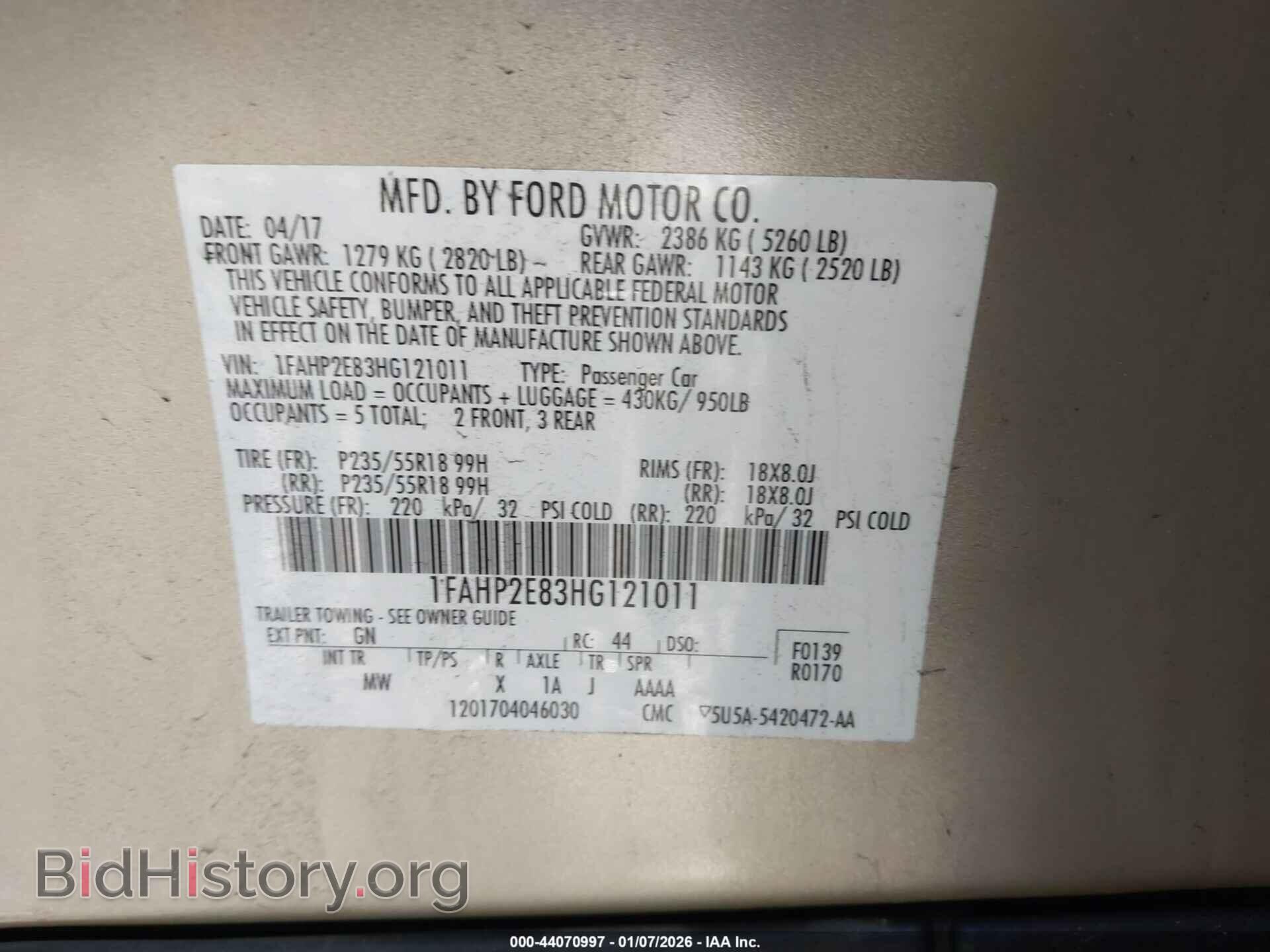 2017 FORD TAURUS - VIN: 1FAHP2E83HG121011 - Фото 9