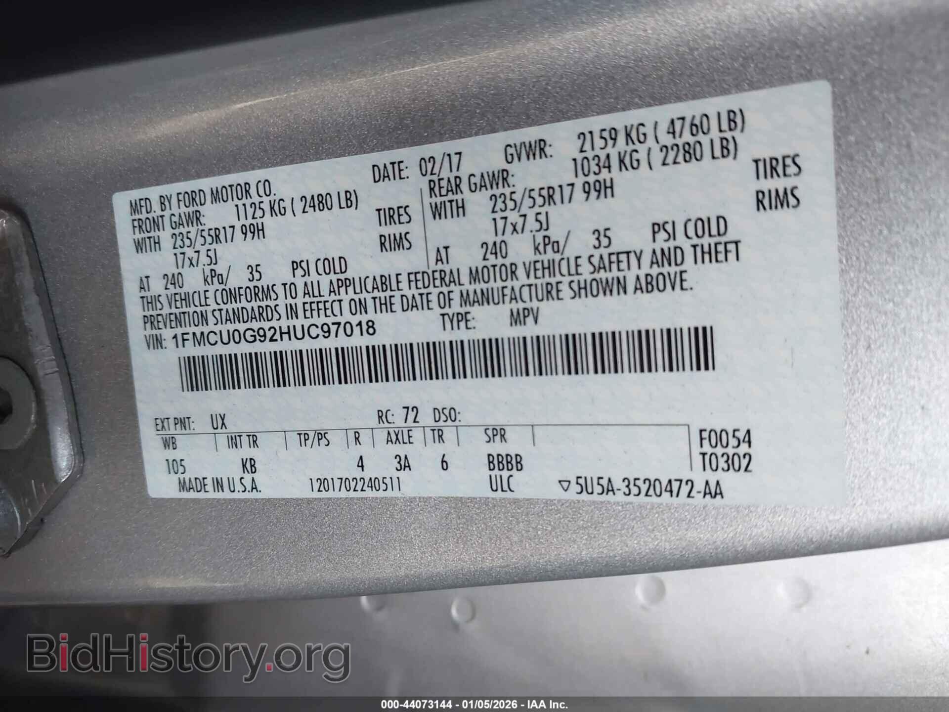 2017 FORD ESCAPE - VIN: 1FMCU0G92HUC97018 - Фото 9