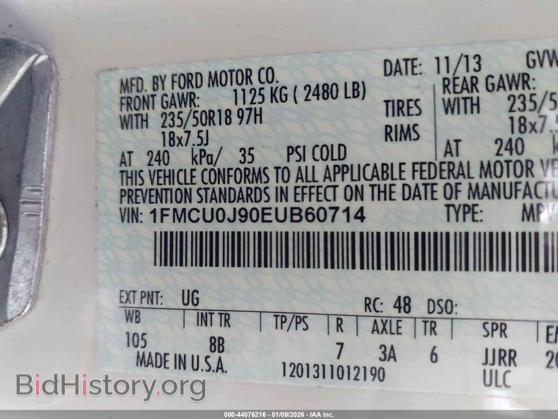 2014 FORD ESCAPE - VIN: 1FMCU0J90EUB60714 - Фото 9