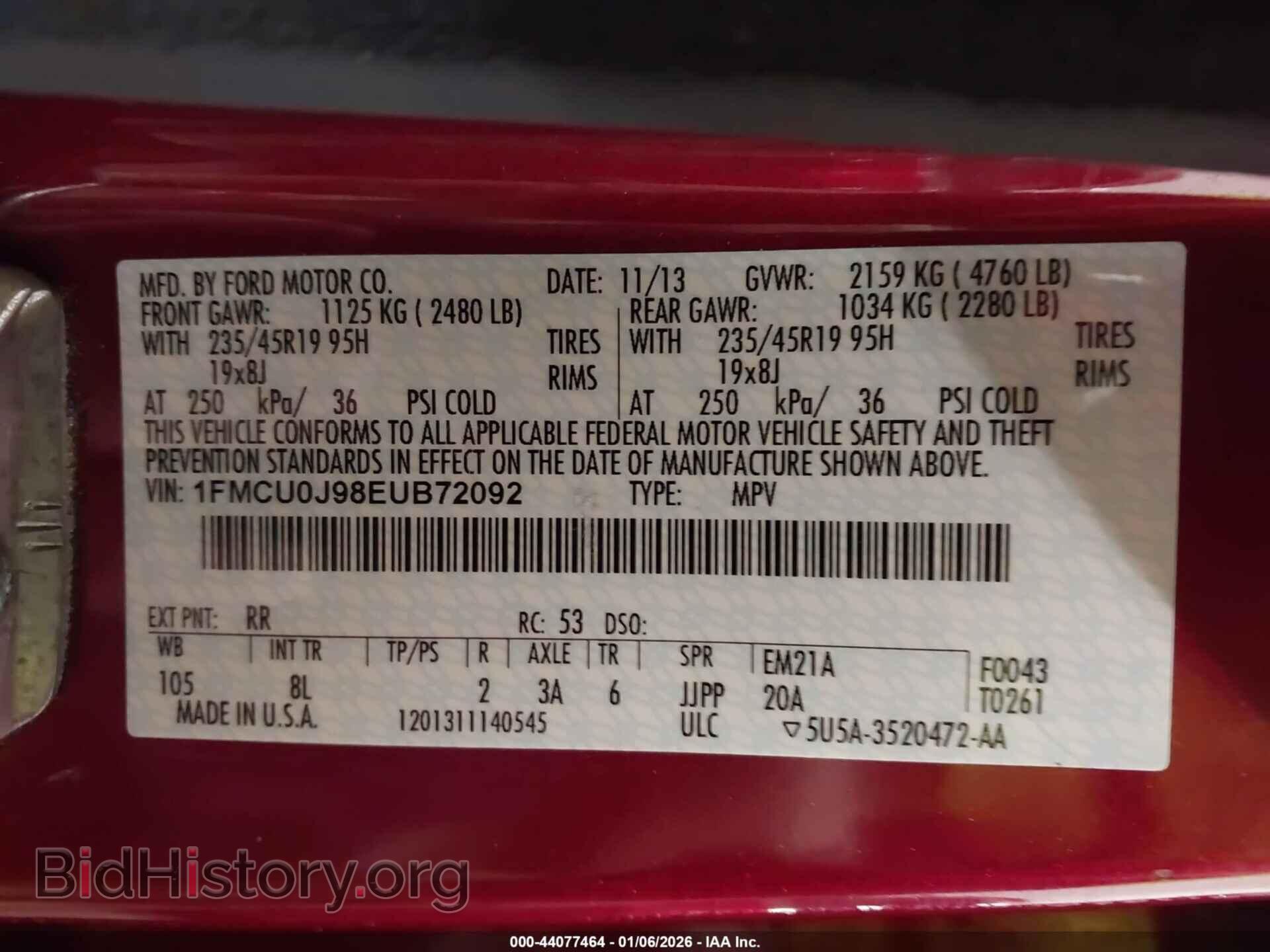 2014 FORD ESCAPE - VIN: 1FMCU0J98EUB72092 - Фото 9