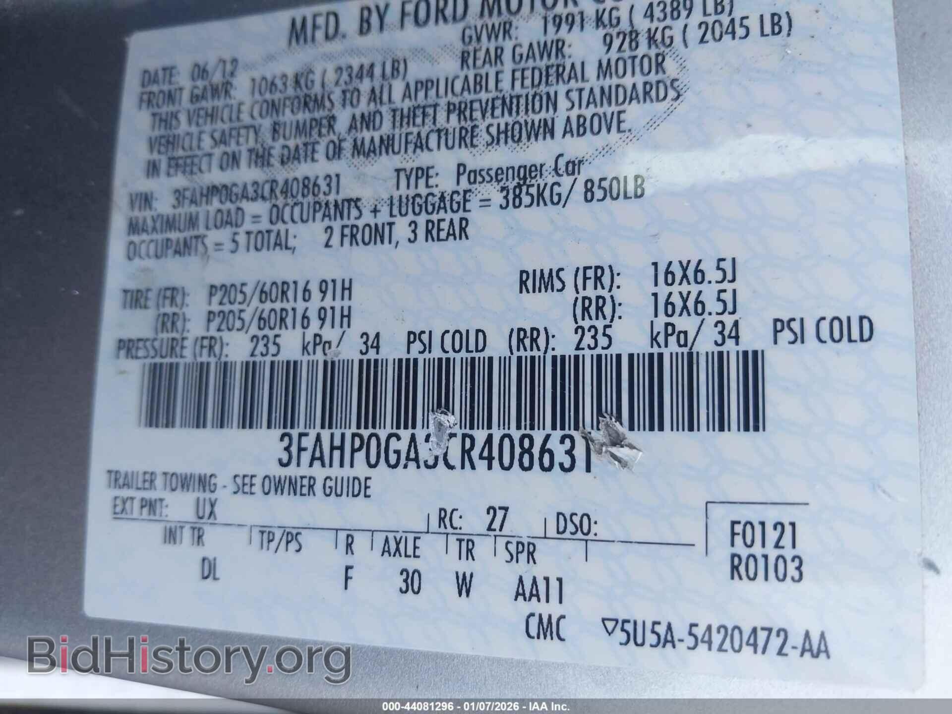 2012 FORD FUSION - VIN: 3FAHP0GA3CR408631 - Фото 9