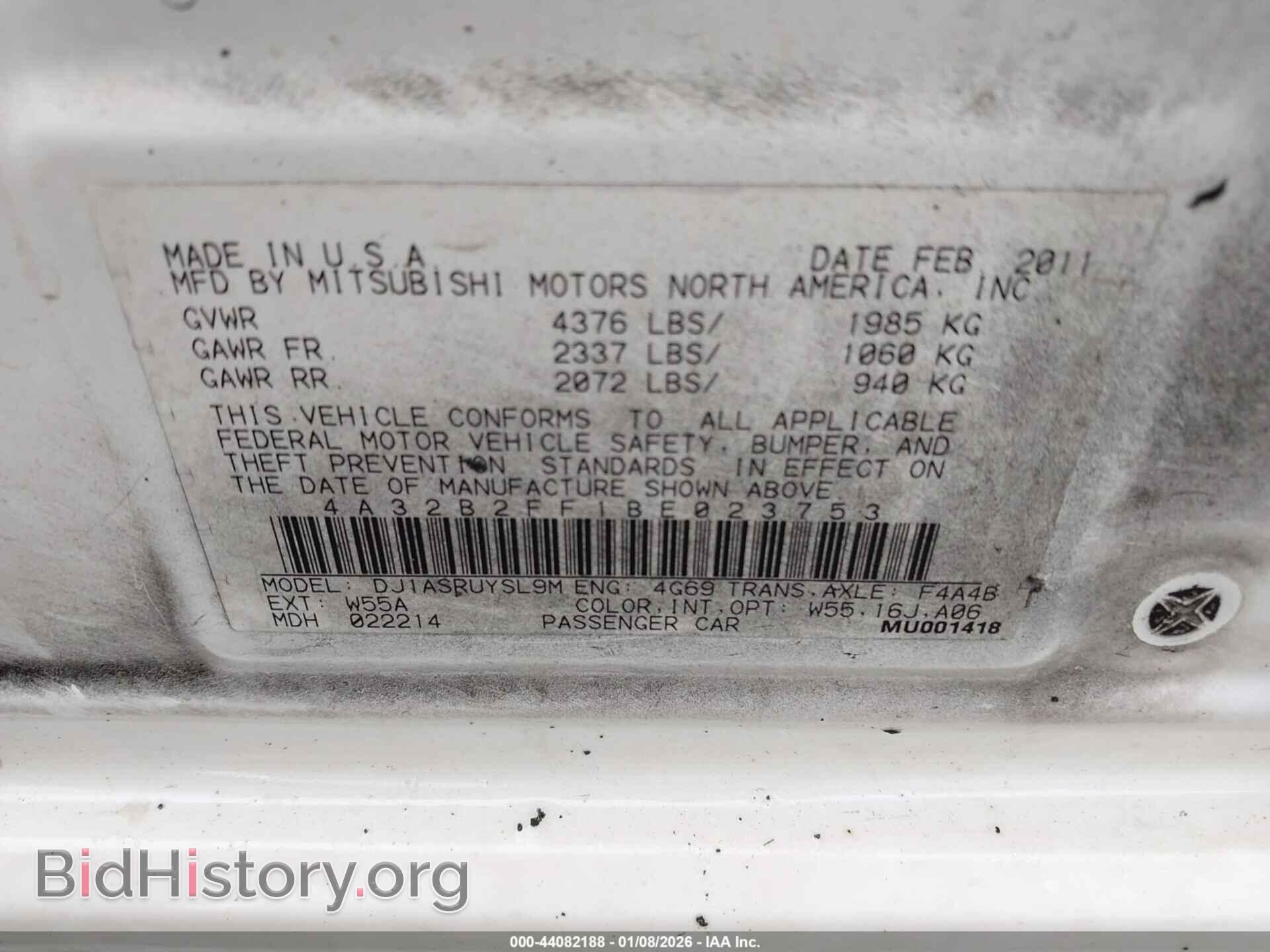 2011 MITSUBISHI GALANT - VIN: 4A32B2FF1BE023753 - Фото 9