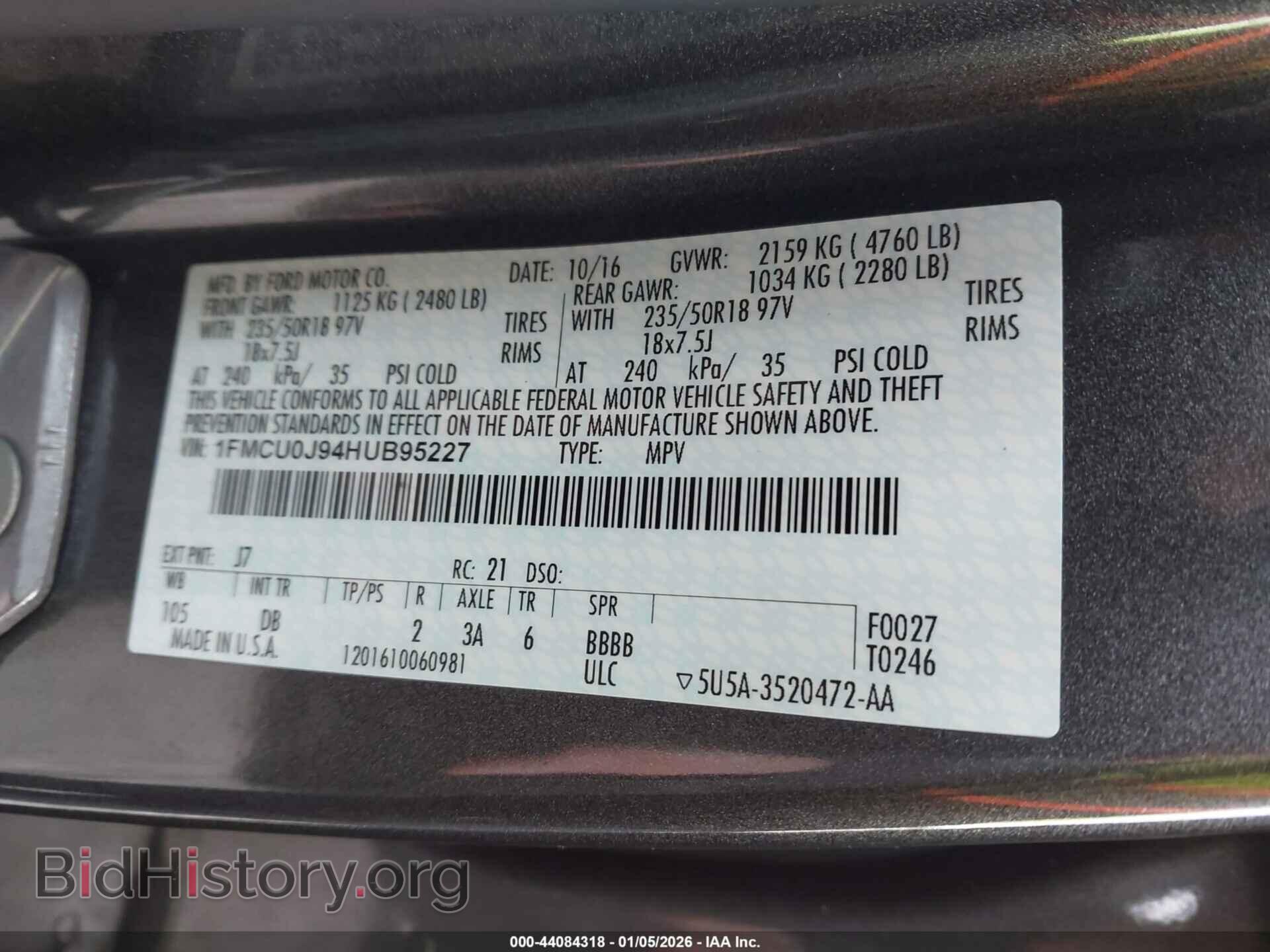 2017 FORD ESCAPE - VIN: 1FMCU0J94HUB95227 - Фото 9