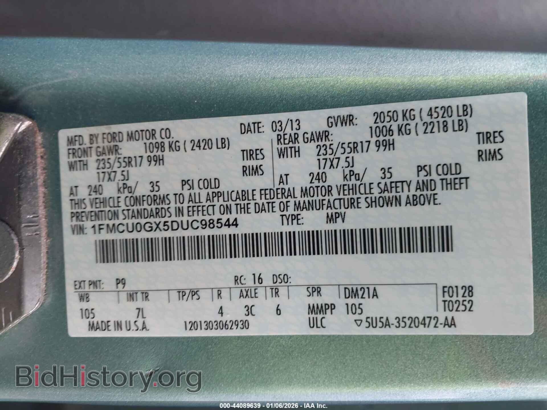 2013 FORD ESCAPE - VIN: 1FMCU0GX5DUC98544 - Фото 9