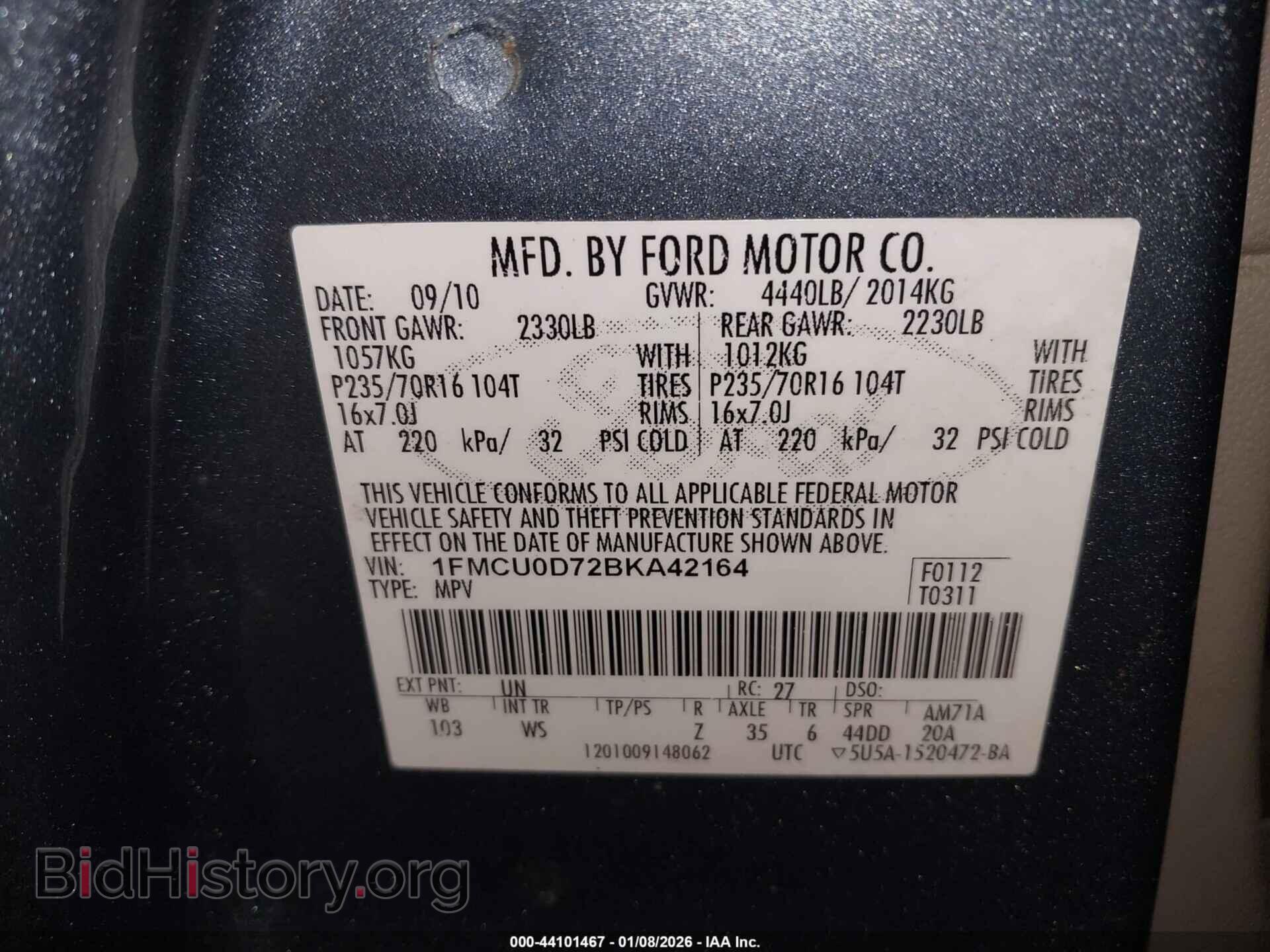 2011 FORD ESCAPE - VIN: 1FMCU0D72BKA42164 - Фото 9
