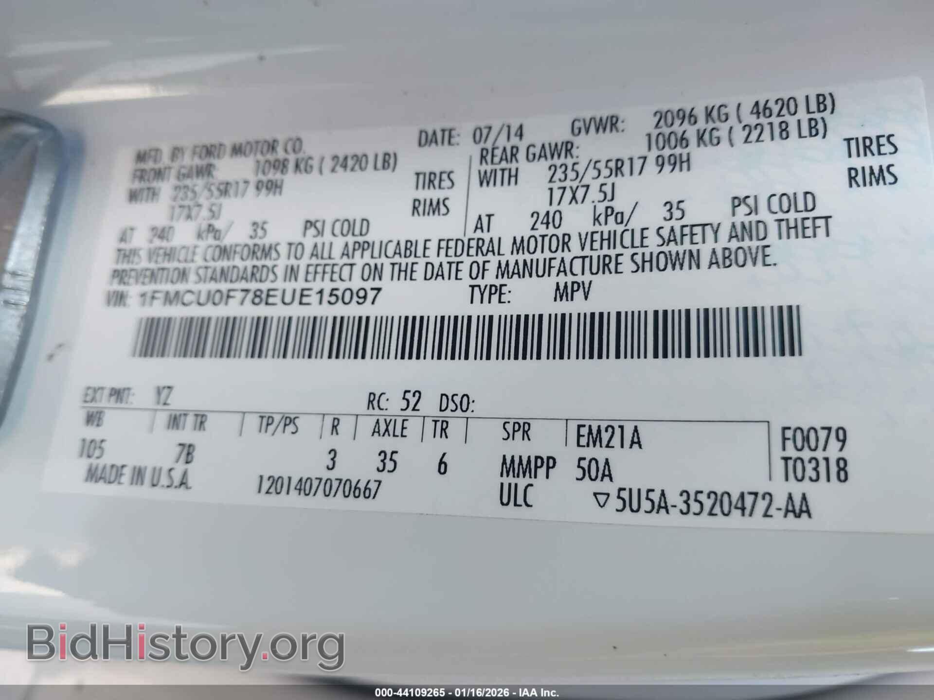 2014 FORD ESCAPE - VIN: 1FMCU0F78EUE15097 - Фото 9