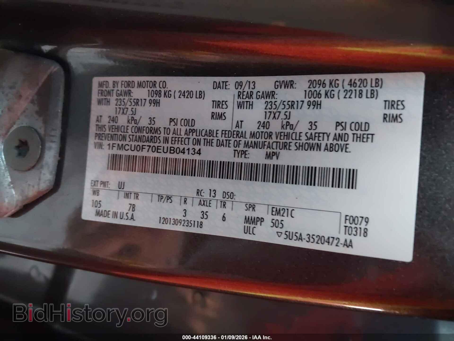 2014 FORD ESCAPE - VIN: 1FMCU0F70EUB04134 - Фото 9