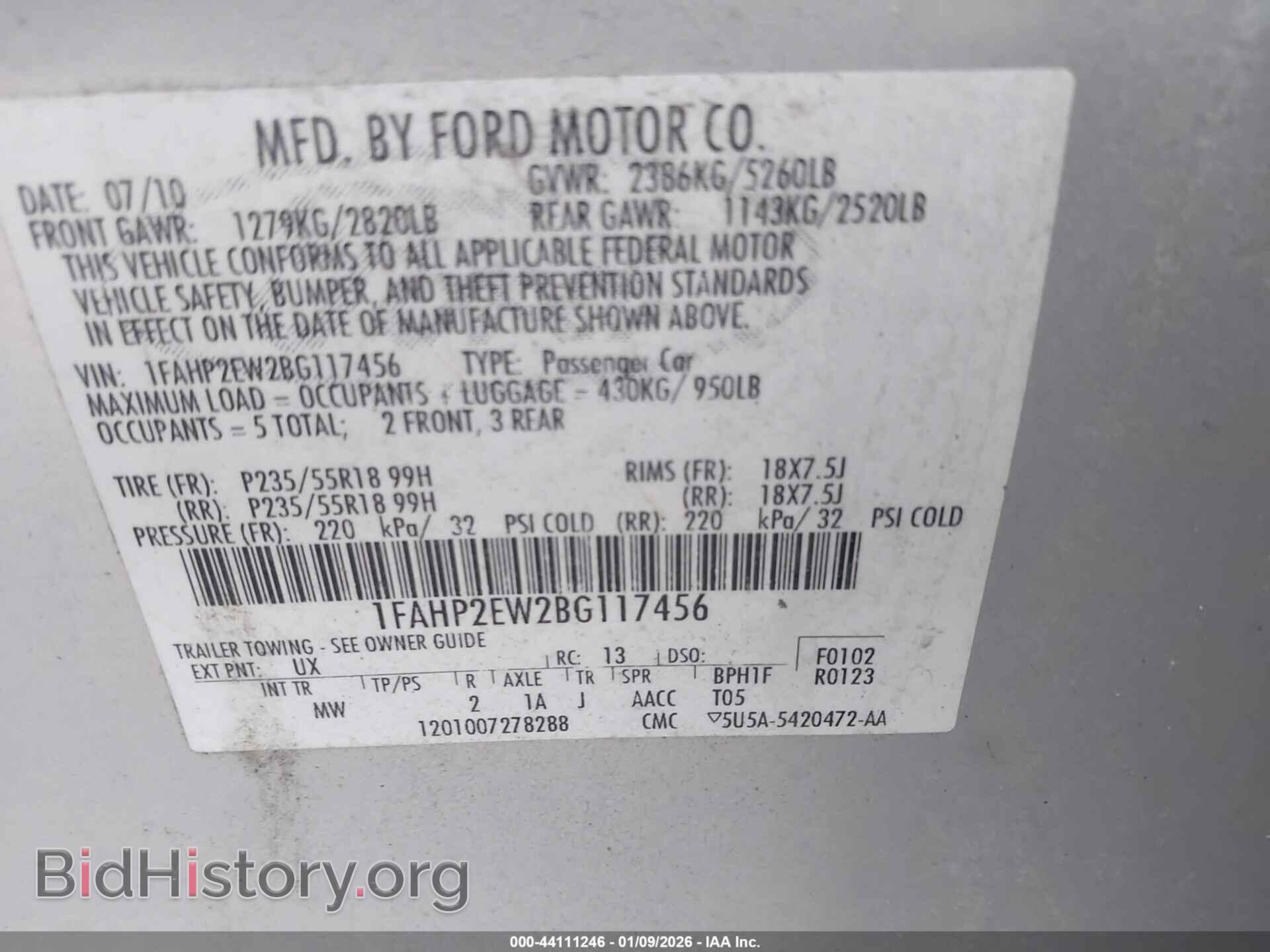 2011 FORD TAURUS - VIN: 1FAHP2EW2BG117456 - Фото 9