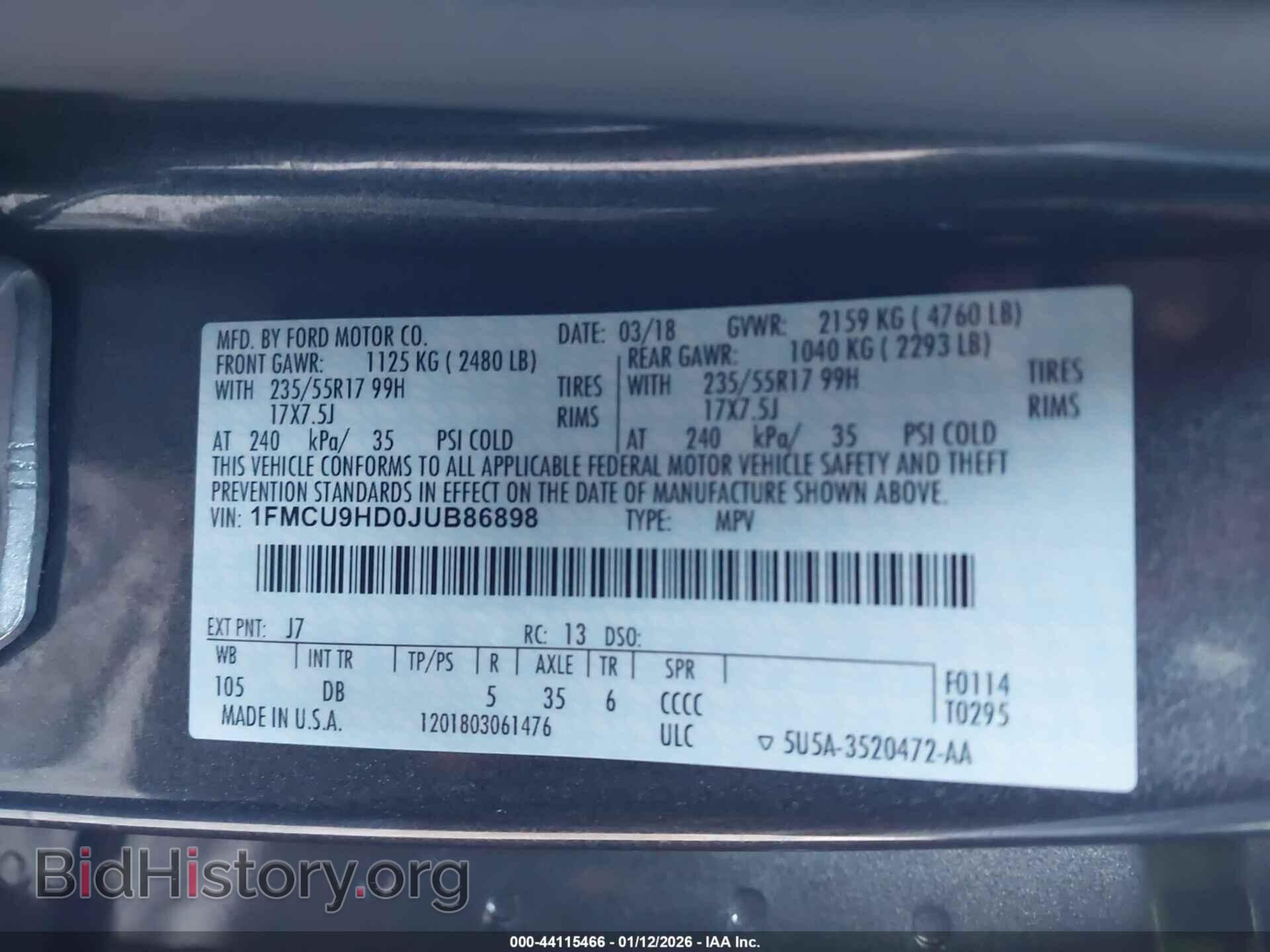 2018 FORD ESCAPE - VIN: 1FMCU9HD0JUB86898 - Фото 9