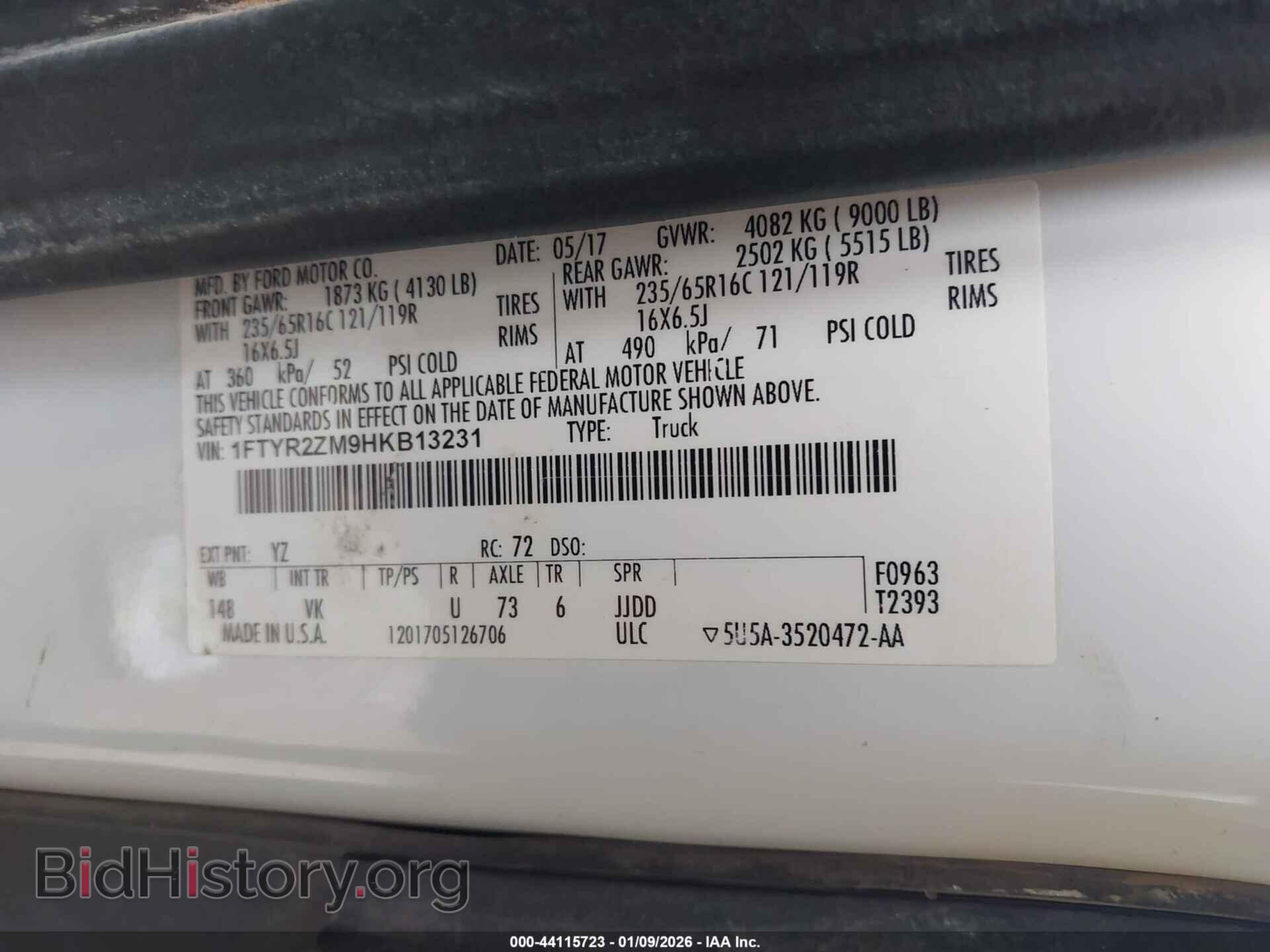 2017 FORD TRANSIT - VIN: 1FTYR2ZM9HKB13231 - Фото 9