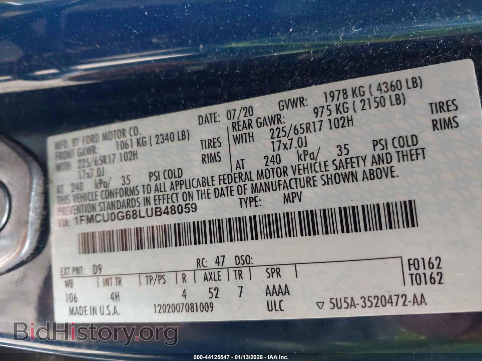 2020 FORD ESCAPE - VIN: 1FMCU0G68LUB48059 - Фото 9