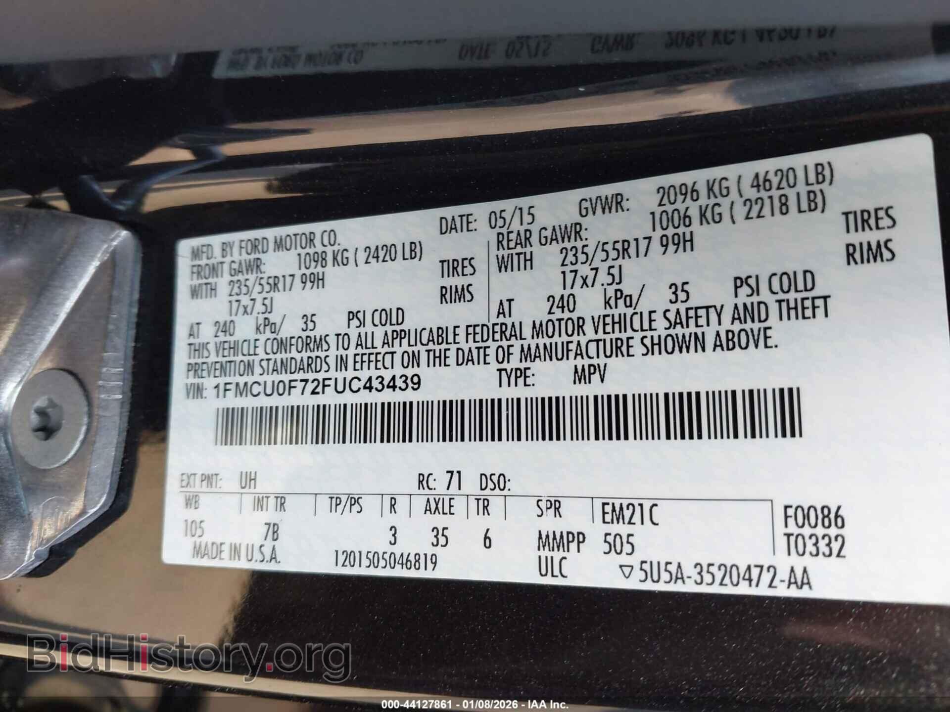 2015 FORD ESCAPE - VIN: 1FMCU0F72FUC43439 - Фото 9