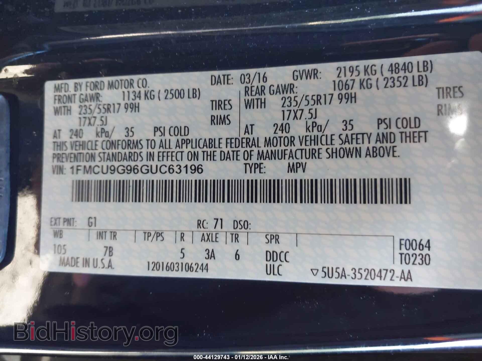 2016 FORD ESCAPE - VIN: 1FMCU9G96GUC63196 - Фото 9