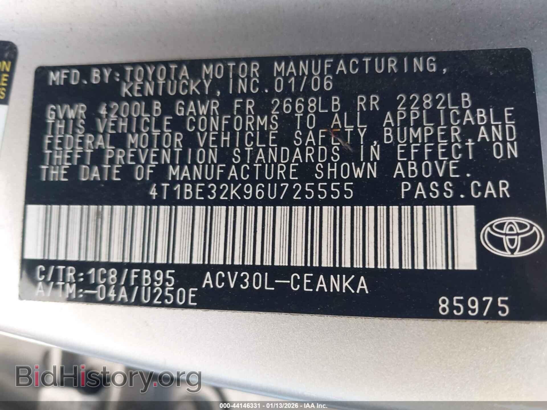 2006 TOYOTA CAMRY - VIN: 4T1BE32K96U725555 - Фото 9