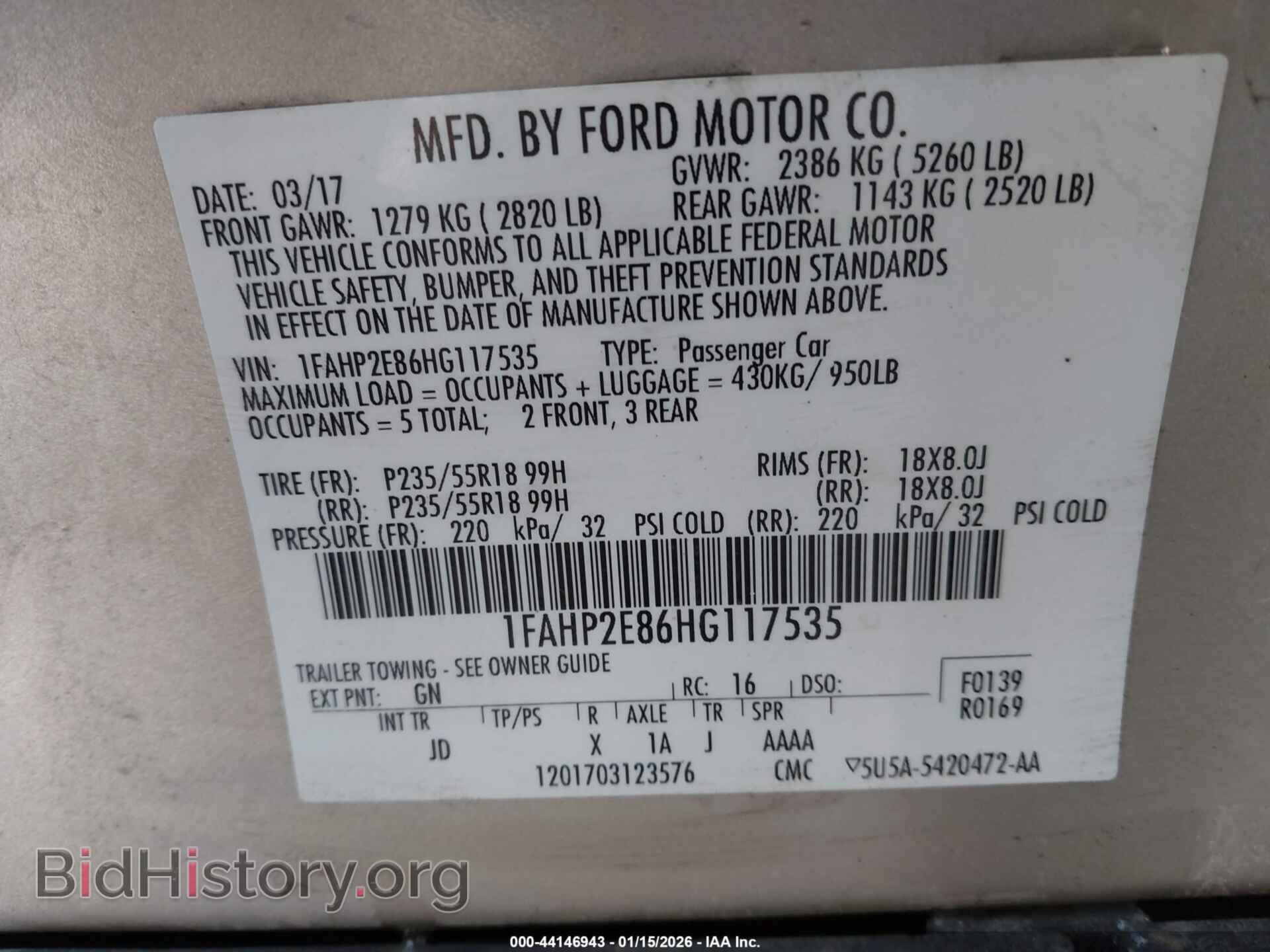2017 FORD TAURUS - VIN: 1FAHP2E86HG117535 - Photo 9