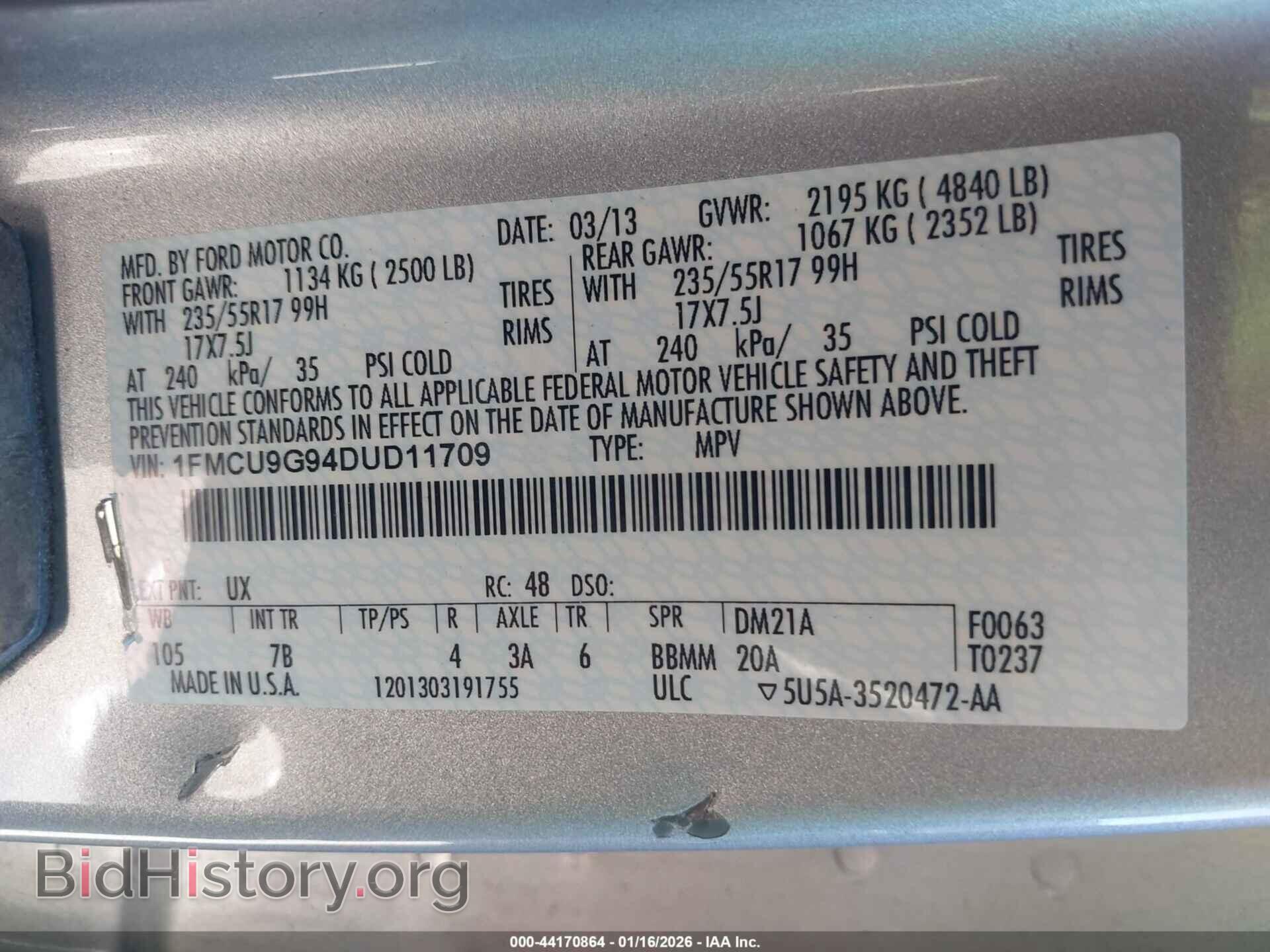 2013 FORD ESCAPE - VIN: 1FMCU9G94DUD11709 - Фото 9
