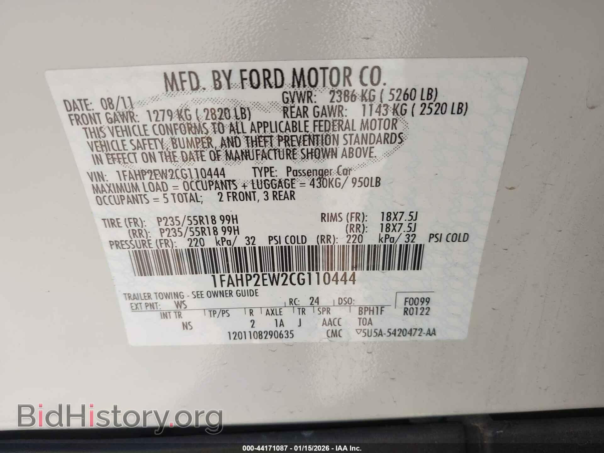 2012 FORD TAURUS - VIN: 1FAHP2EW2CG110444 - Photo 9