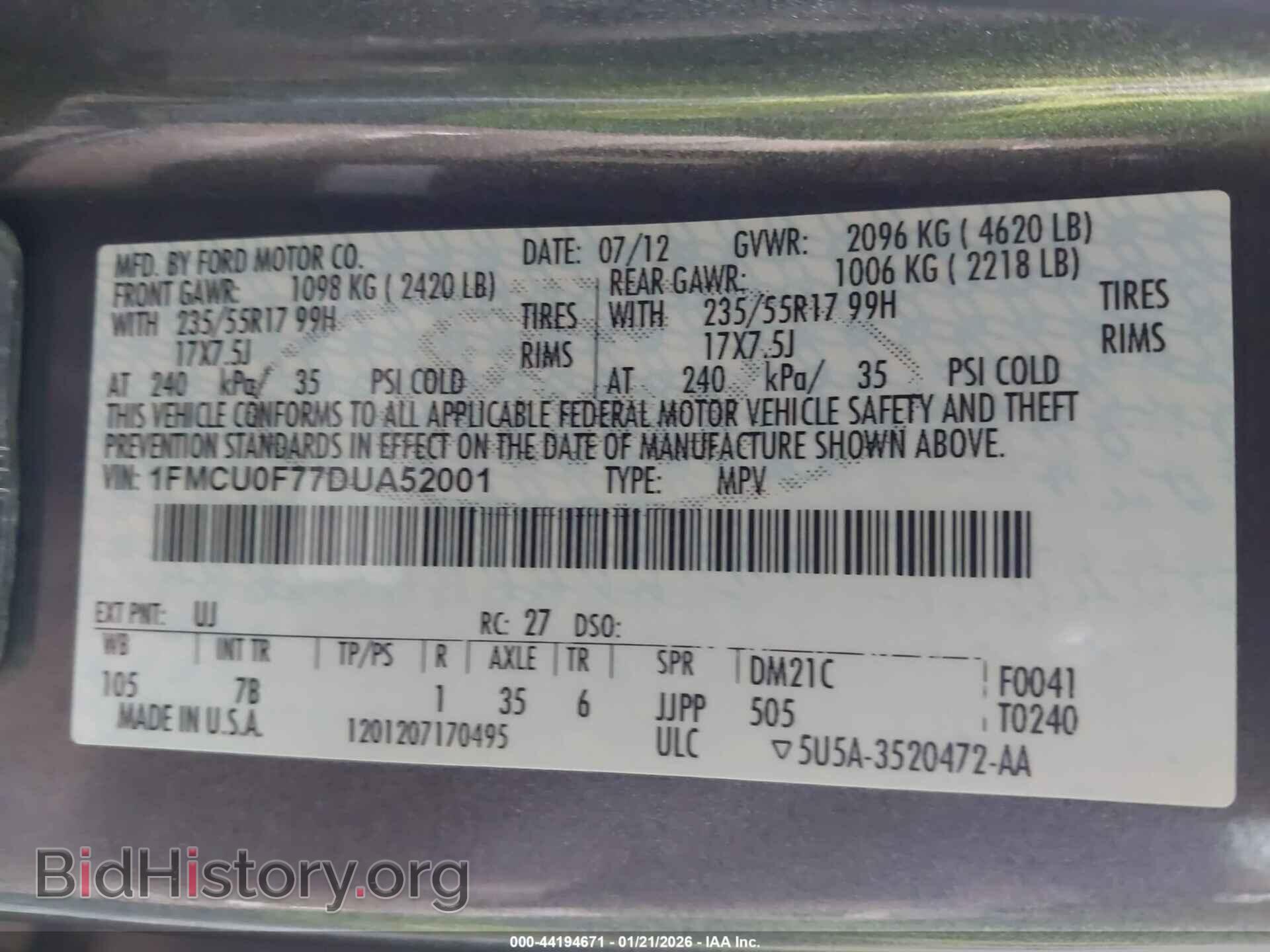 2013 FORD ESCAPE - VIN: 1FMCU0F77DUA52001 - Фото 9
