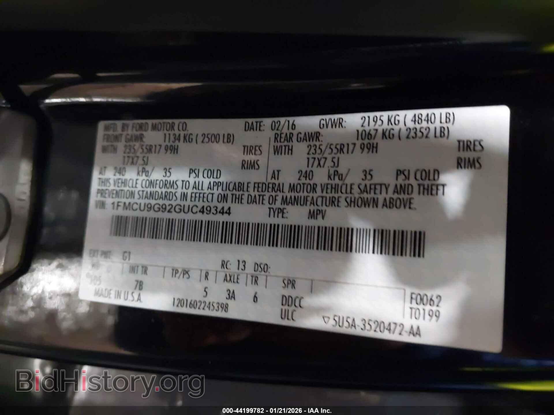 2016 FORD ESCAPE - VIN: 1FMCU9G92GUC49344 - Фото 9