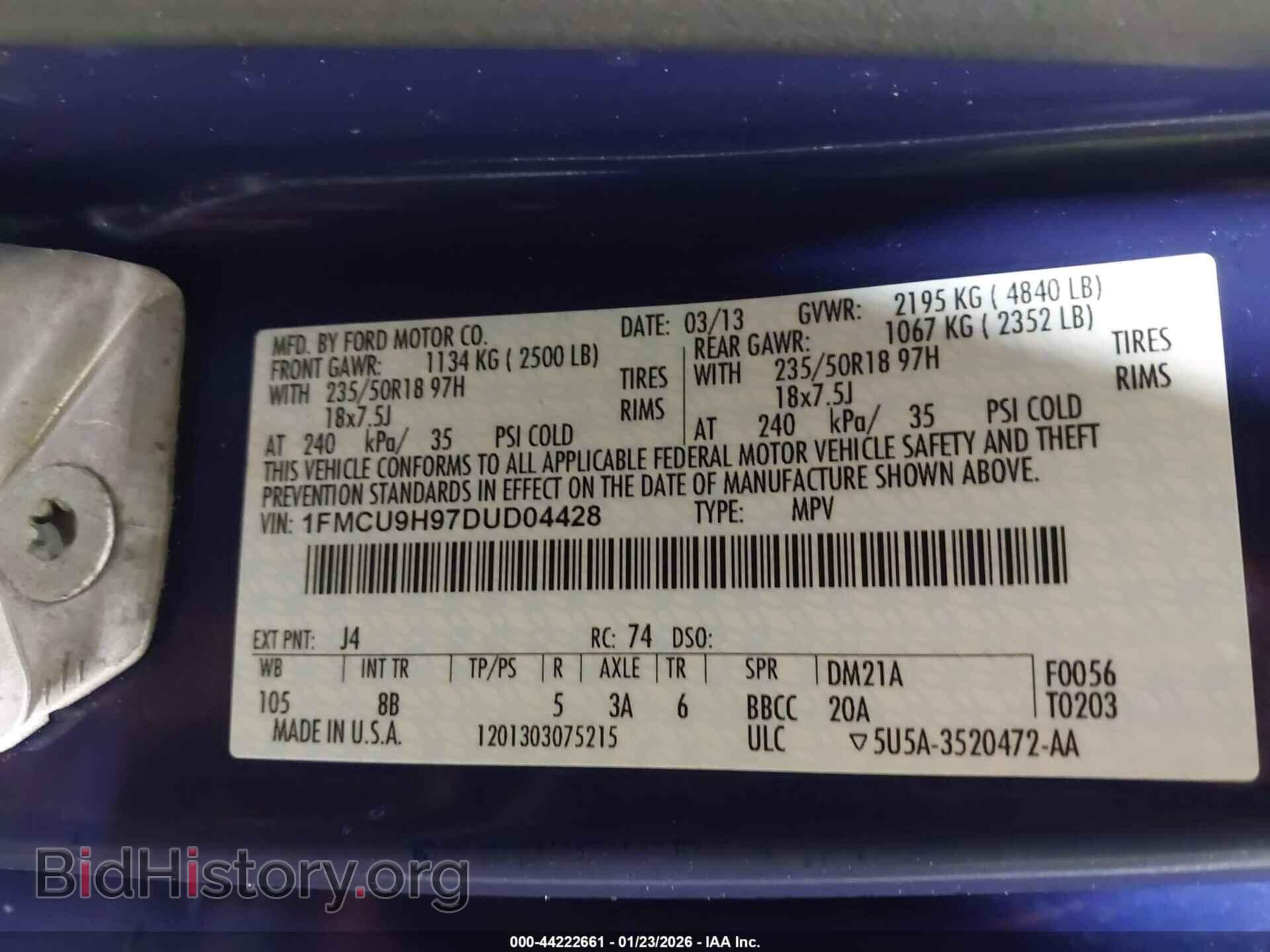 2013 FORD ESCAPE - VIN: 1FMCU9H97DUD04428 - Фото 9