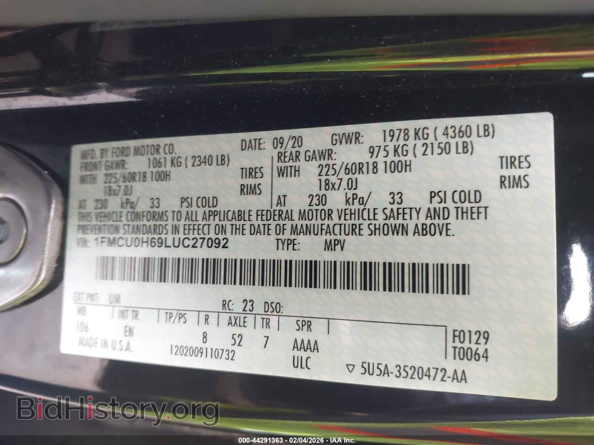 2020 FORD ESCAPE - VIN: 1FMCU0H69LUC27092 - Фото 9