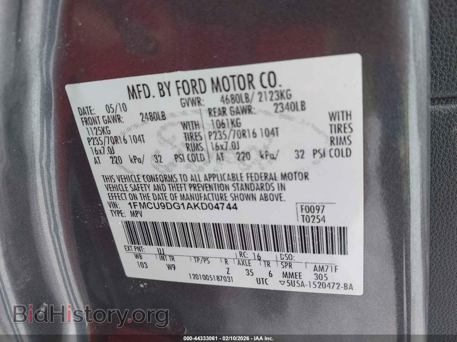 2010 FORD ESCAPE - VIN: 1FMCU9DG1AKD04744 - Фото 9