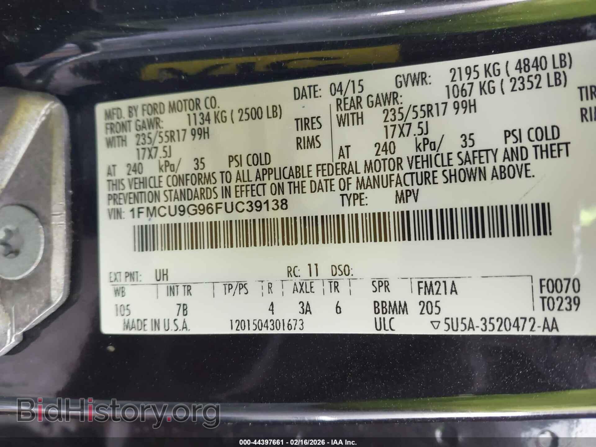 2015 FORD ESCAPE - VIN: 1FMCU9G96FUC39138 - Фото 9