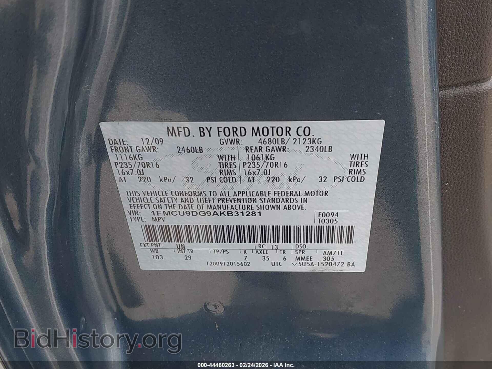 2010 FORD ESCAPE - VIN: 1FMCU9DG9AKB31281 - Фото 9