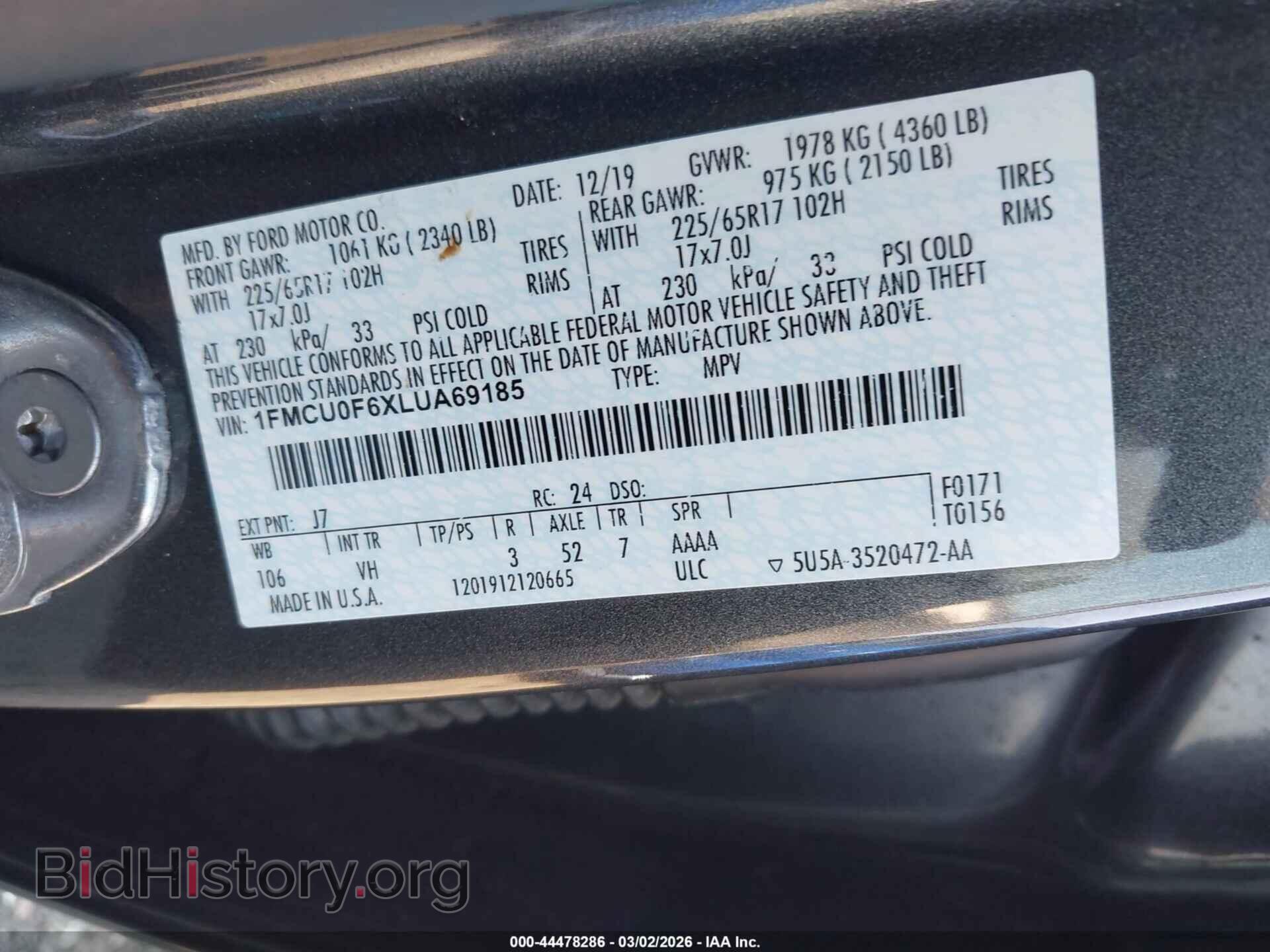 2020 FORD ESCAPE - VIN: 1FMCU0F6XLUA69185 - Фото 9