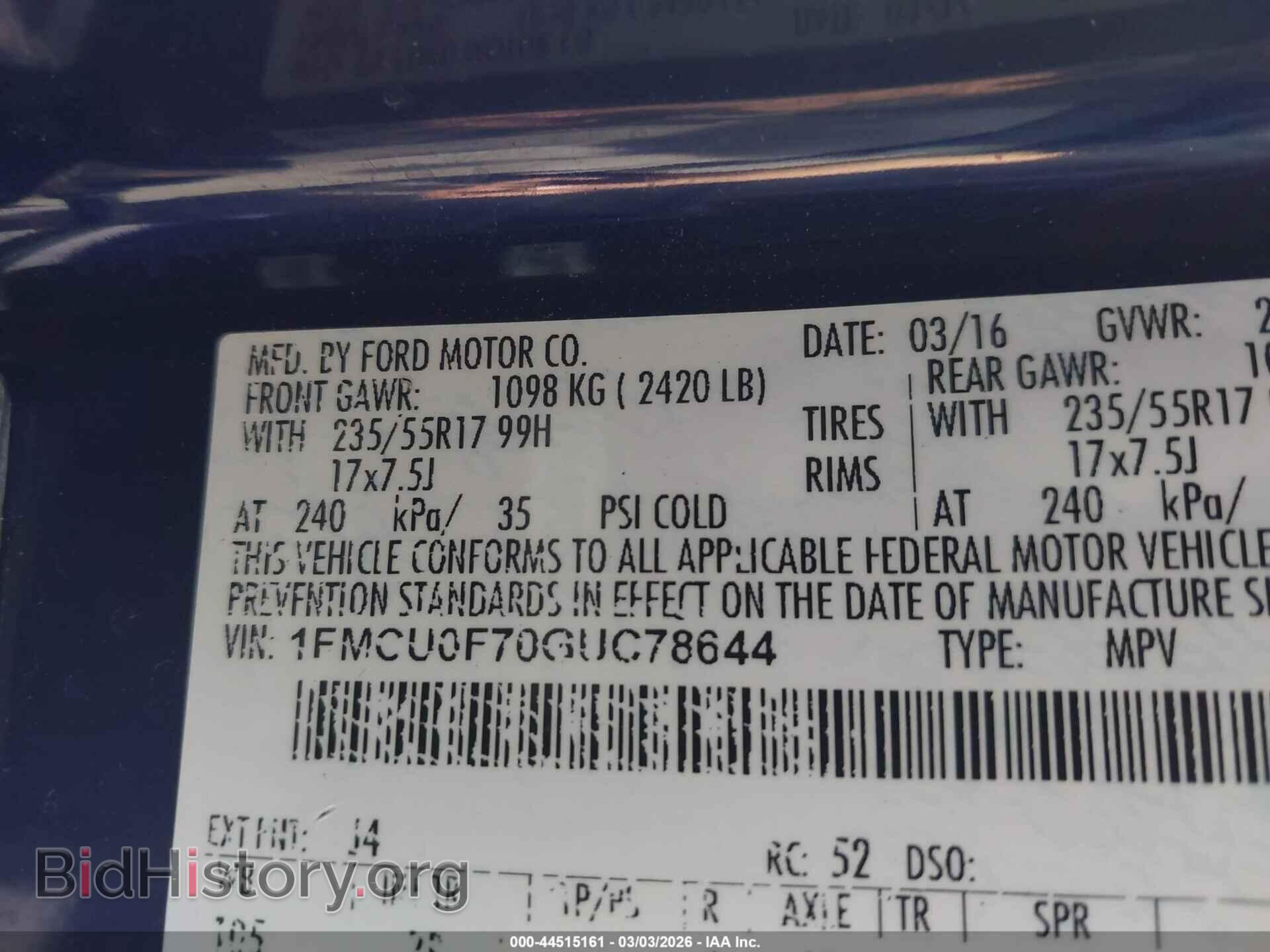 2016 FORD ESCAPE - VIN: 1FMCU0F70GUC78644 - Фото 9