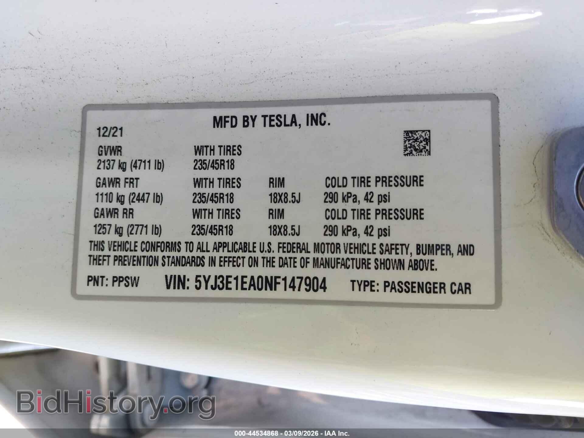 2022 TESLA MODEL 3 - VIN: 5YJ3E1EA0NF147904 - Фото 9