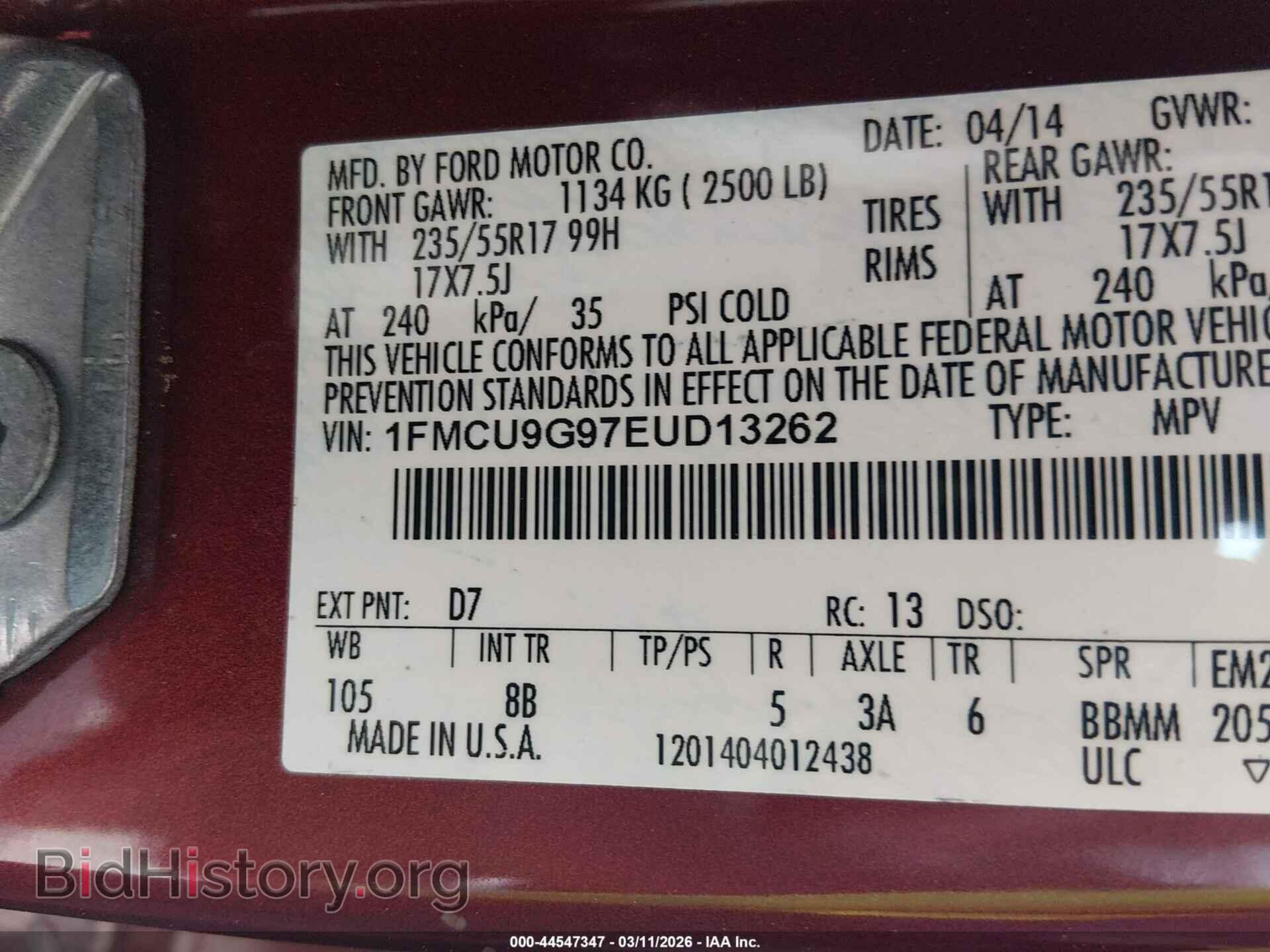 2014 FORD ESCAPE - VIN: 1FMCU9G97EUD13262 - Фото 9