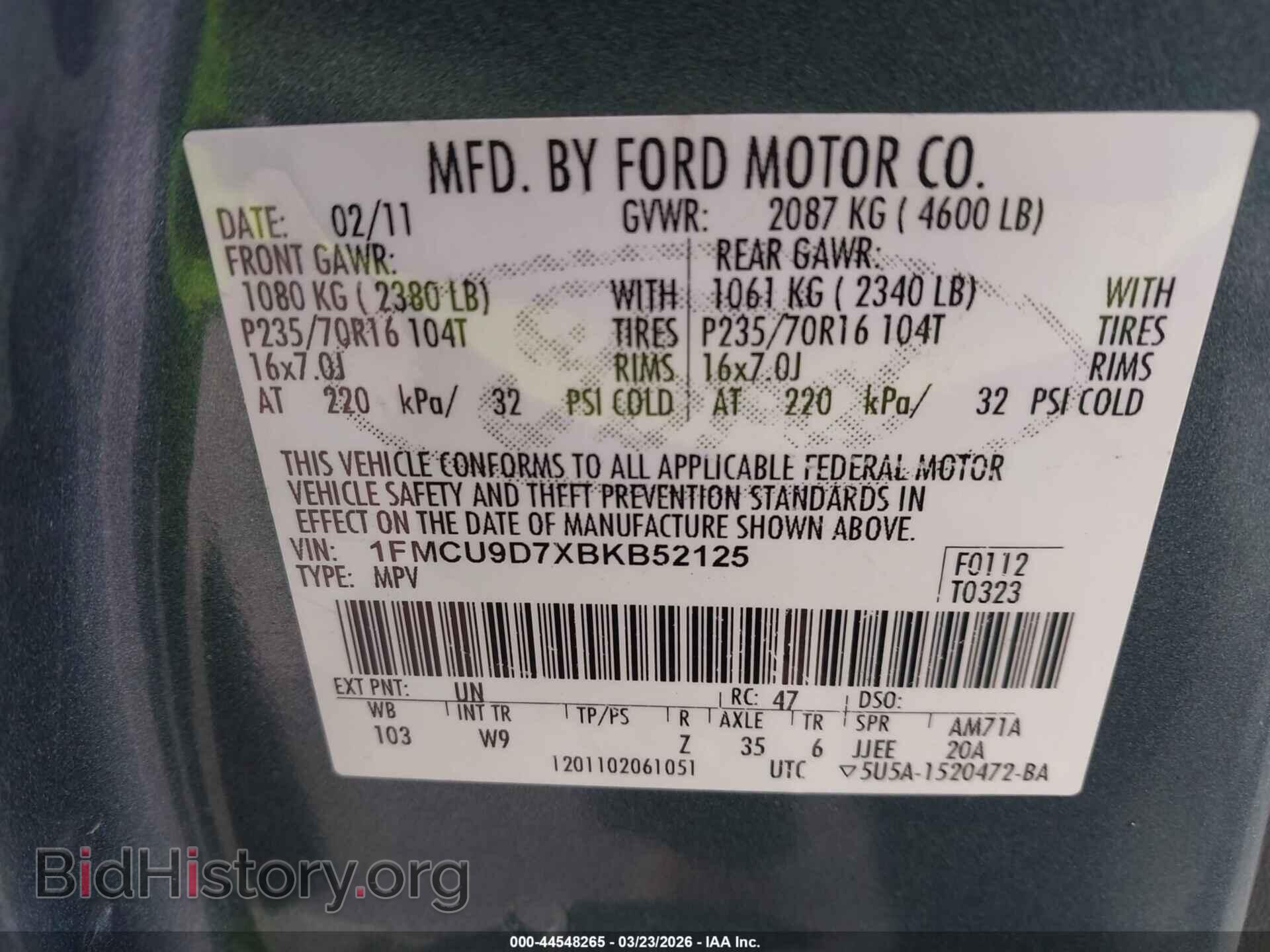 2011 FORD ESCAPE - VIN: 1FMCU9D7XBKB52125 - Фото 9