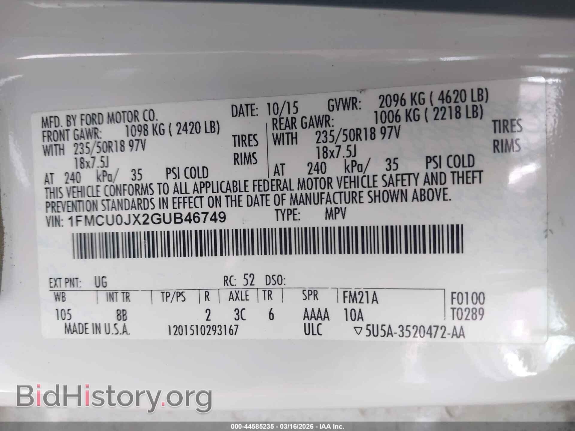 2016 FORD ESCAPE - VIN: 1FMCU0JX2GUB46749 - Фото 9
