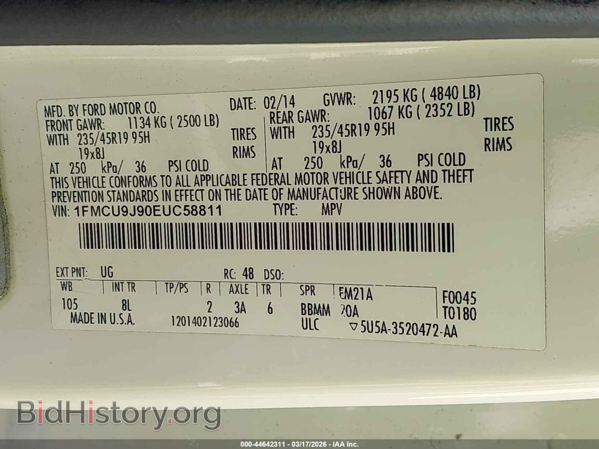2014 FORD ESCAPE - VIN: 1FMCU9J90EUC58811 - Фото 9