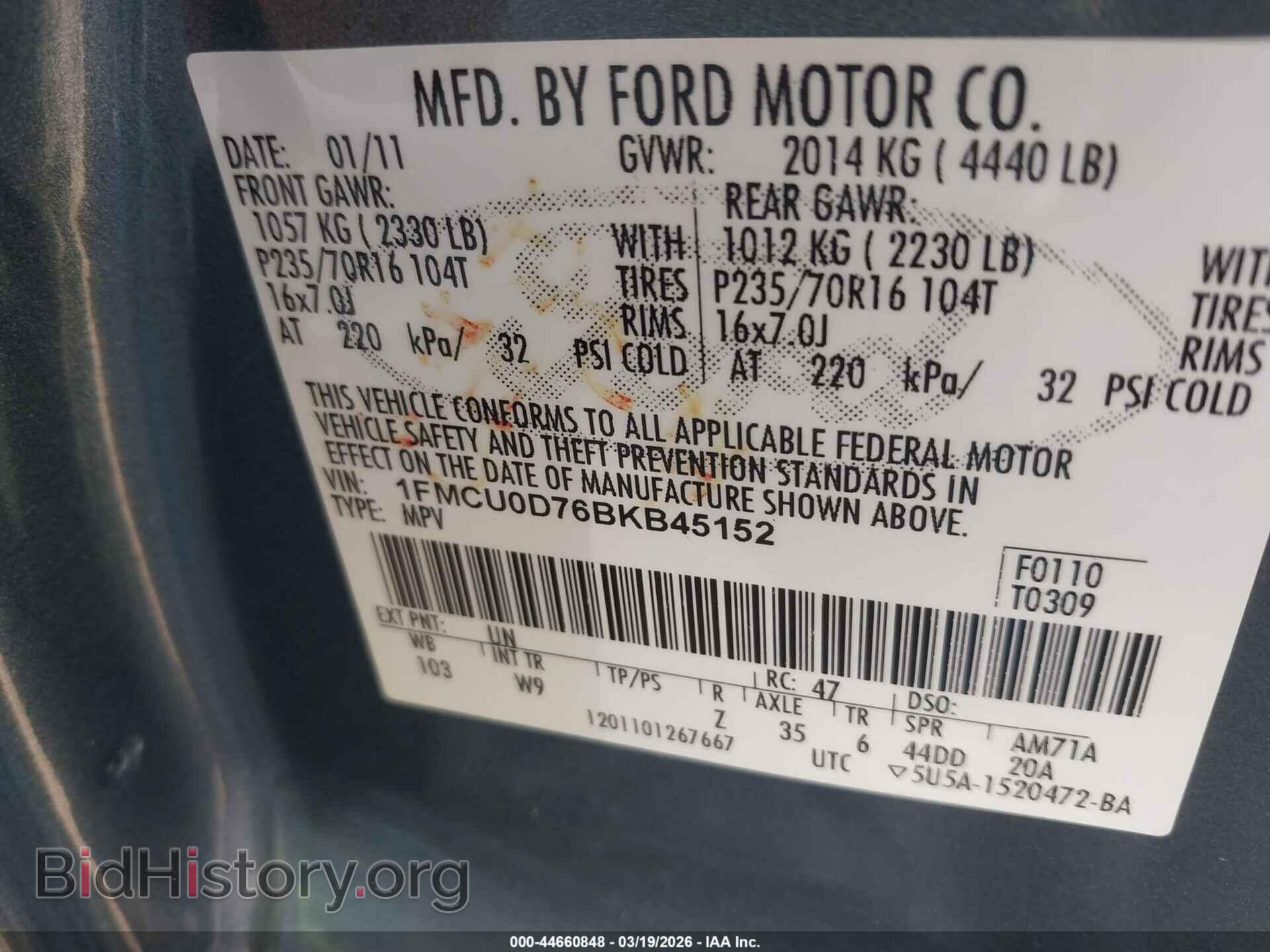 2011 FORD ESCAPE - VIN: 1FMCU0D76BKB45152 - Фото 9