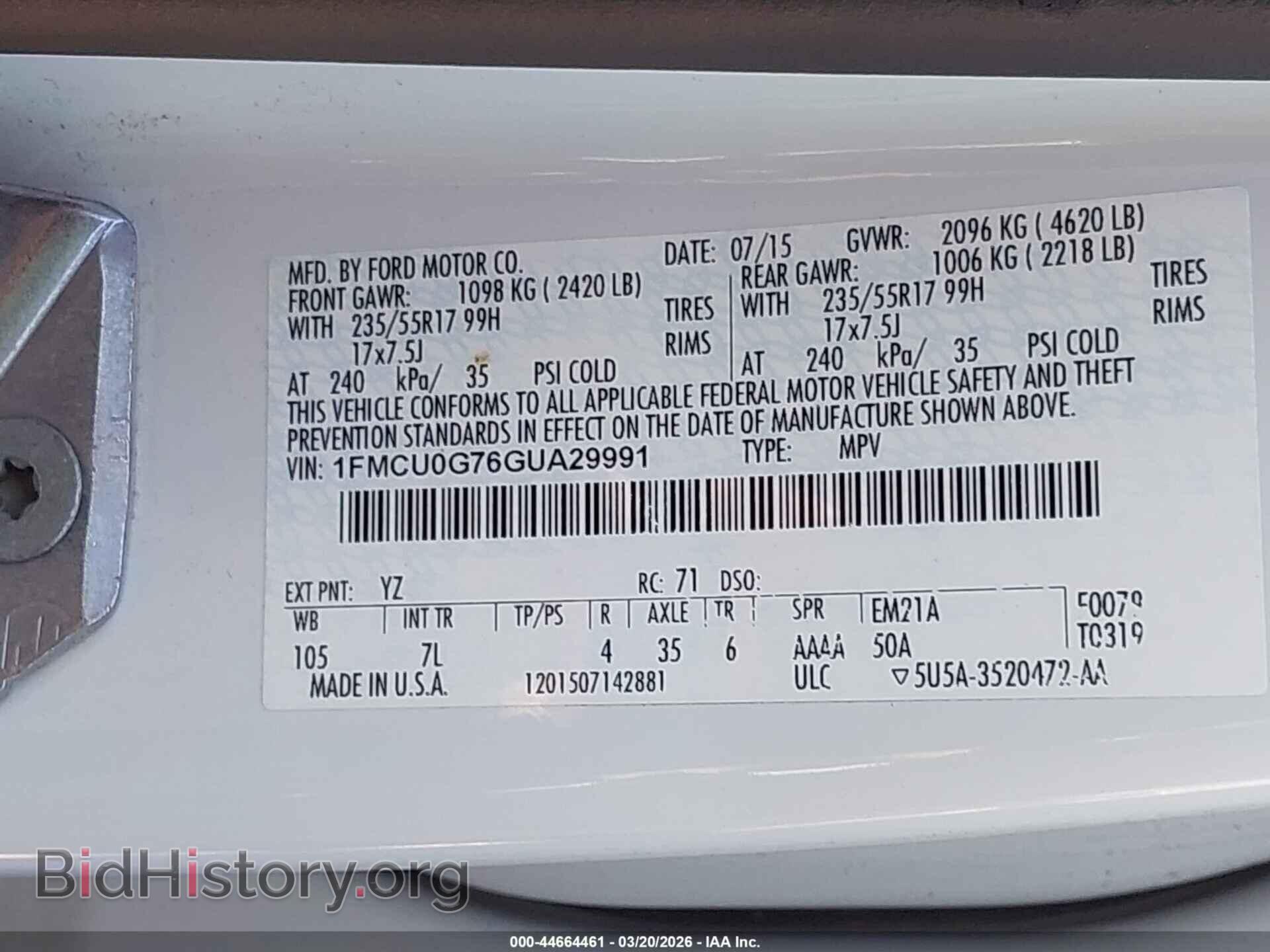 2016 FORD ESCAPE - VIN: 1FMCU0G76GUA29991 - Фото 9