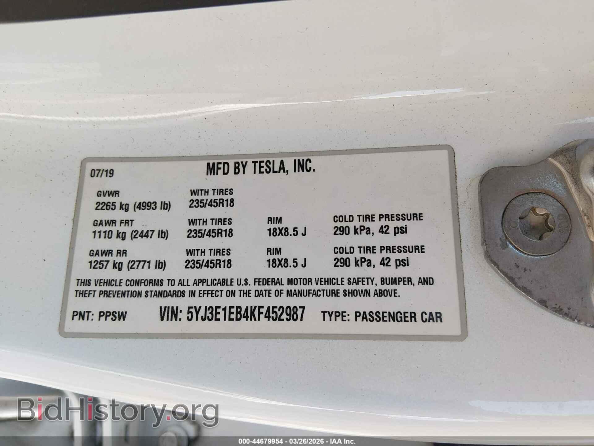 2019 TESLA MODEL 3 - VIN: 5YJ3E1EB4KF452987 - Фото 9