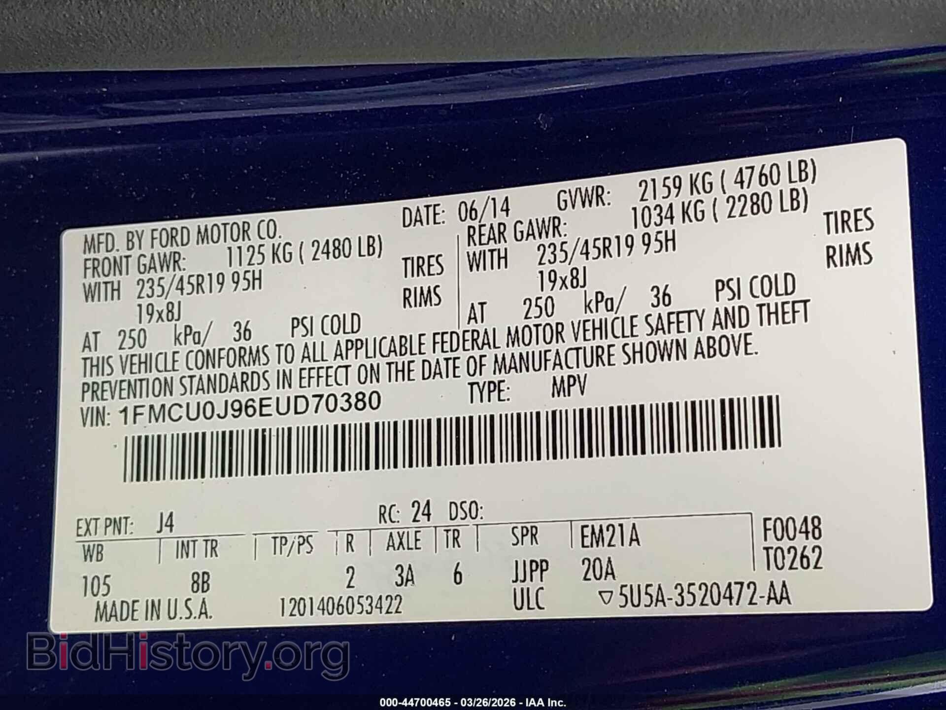 2014 FORD ESCAPE - VIN: 1FMCU0J96EUD70380 - Фото 9